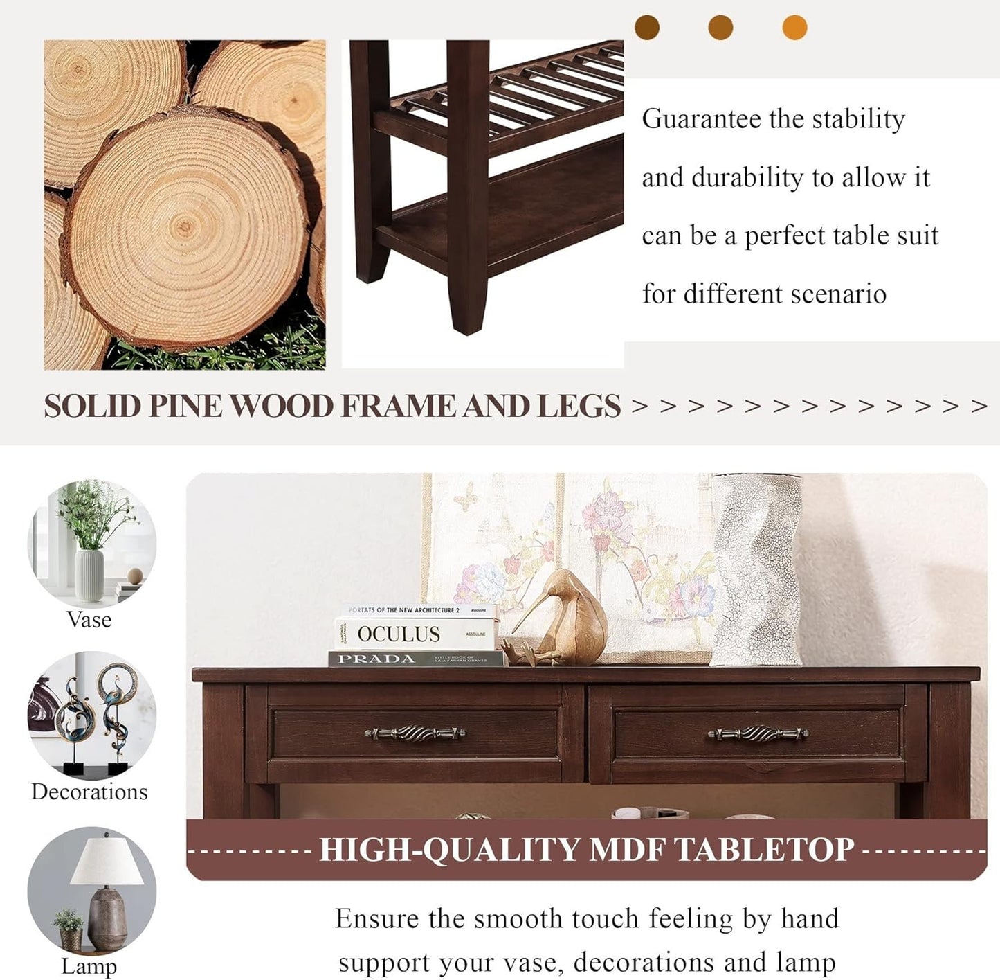 Solid Wood Console Table Sofa Tables with Drawers and Shelves Small Entryway Table for Living Room,Decorative,Foyer(42" Espresso)