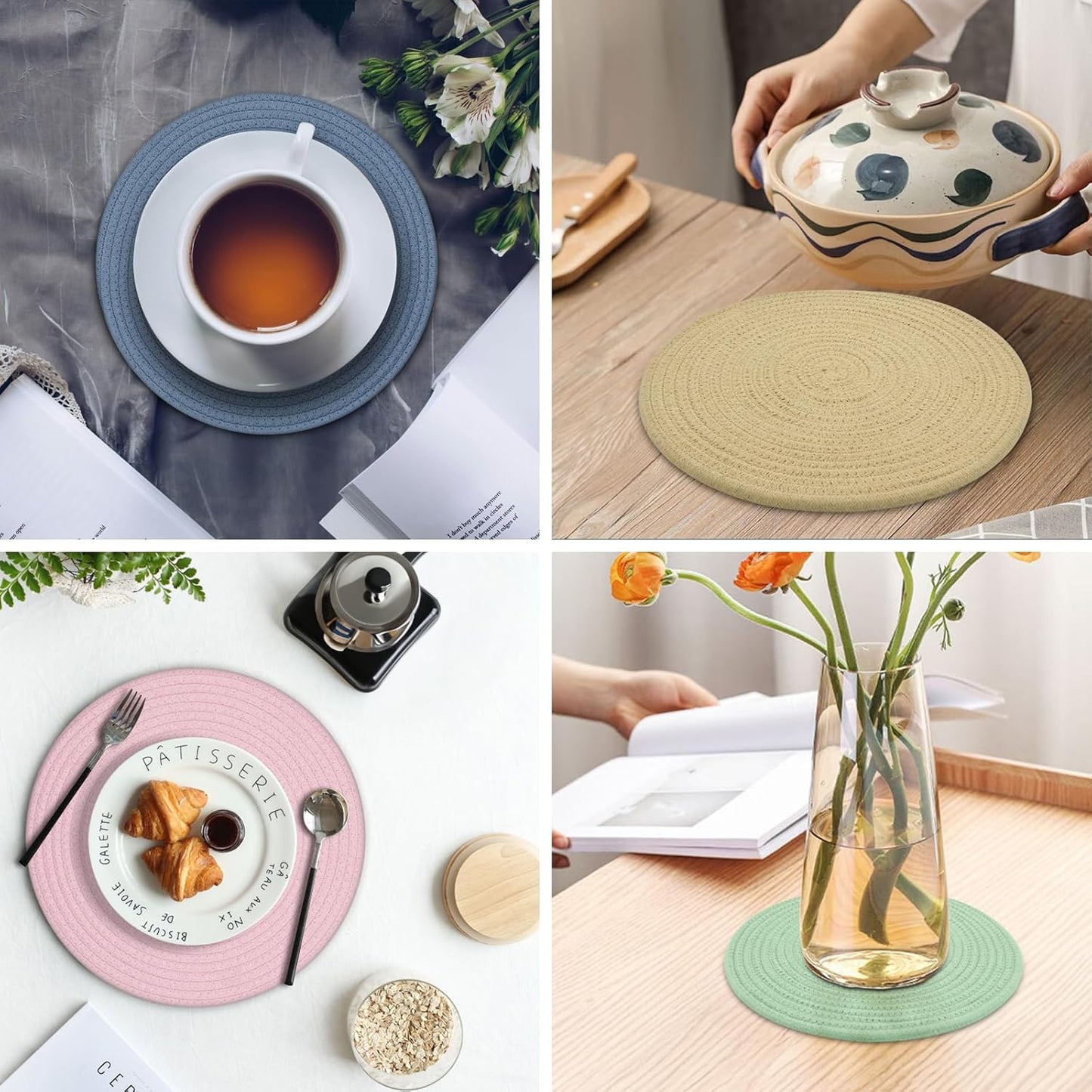 Round Placemats Set of 6, Cotton Rope Woven Table Mats, Hot Pads for Kitchen, Non Slip Heat Resistant Place Mats, 13 Inches Braided Placemat for Farmhouse Decor and Kitchen Table Decor (Blue)