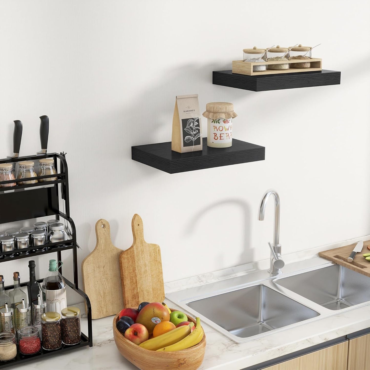 Fun Memories Black Floating Shelves for Wall - 10 x 16 Floating Shelf - Rustic Wood Storage Shelf - Wall Shelves with Invisible Bracket - 16" Bookshelves for Living Room & Bedroom - Black - Set of 2