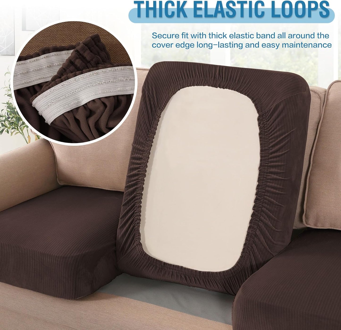 H.VERSAILTEX Velvet Stretch Couch Cushion Cover Plush Cushion Slipcover for Chair Loveseat Sofa Cushion Furniture Protector Seat Cushion Sofa Cover (2 Piece Large Sofa Cushion Covers, Brown Striped)