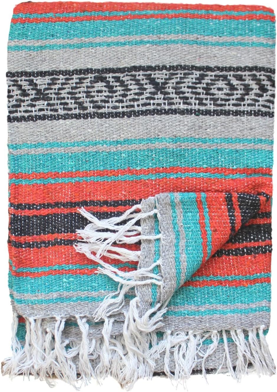 Del Mex Classic Mexican Blanket, Large Authentic Woven Falsa Throw (70"x50"), Artisan Southwest Décor for Beach, Yoga, Outdoors (Mint/Orange/Gray)