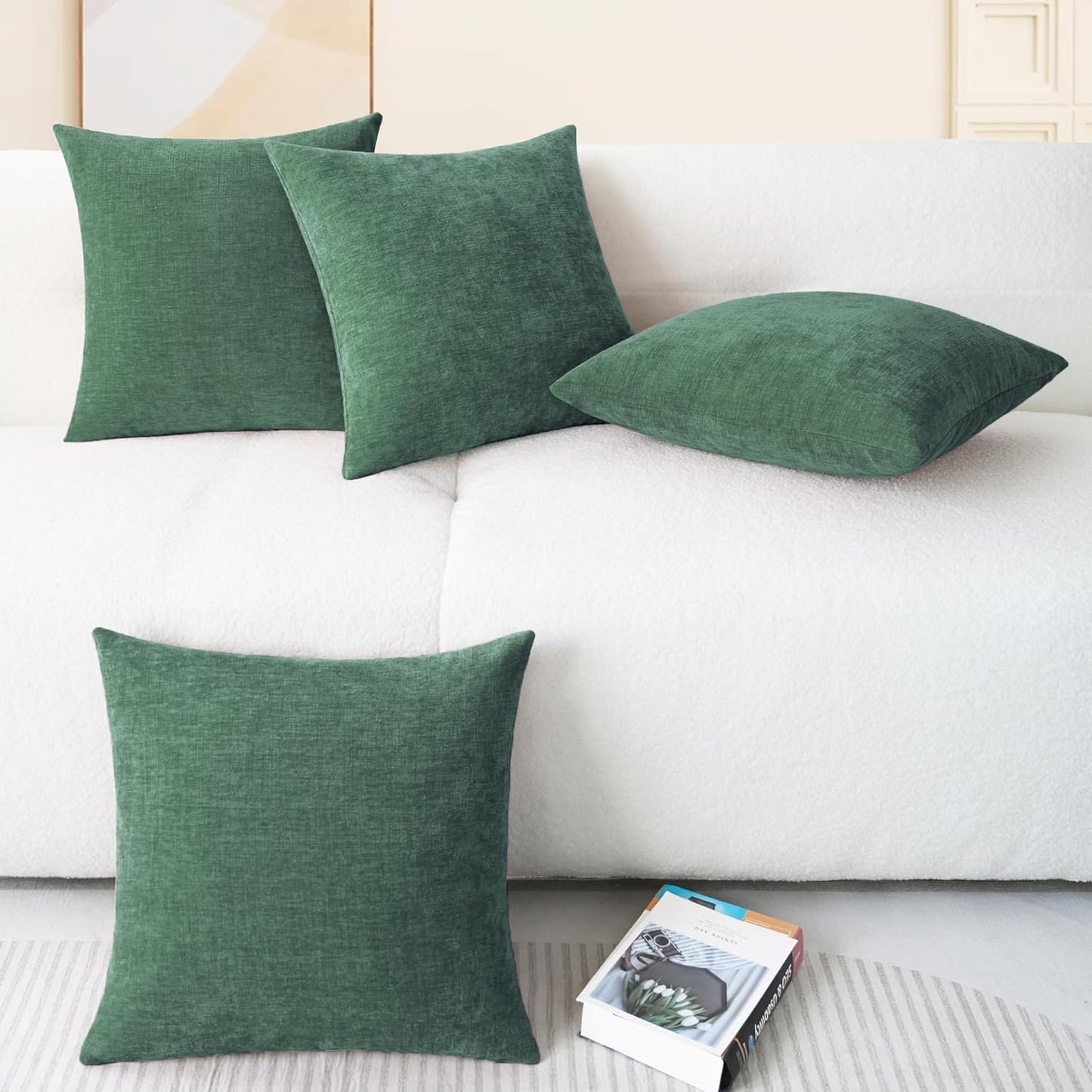 CaliTime Throw Pillow Covers Decorative 18 X 18 Inches Pack of 4 Cozy Chenille Cushion Cases for Couch Sofa Bed Living Room Home Dark Green