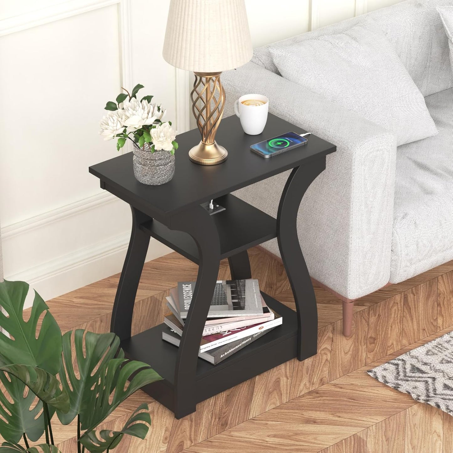 Black End Table Set of 2 with Charging Station, Side Table with USB Ports and Outlets, Black Nightstand, 3 Tier End Table with Storage Shelf for Living Room, Bedroom