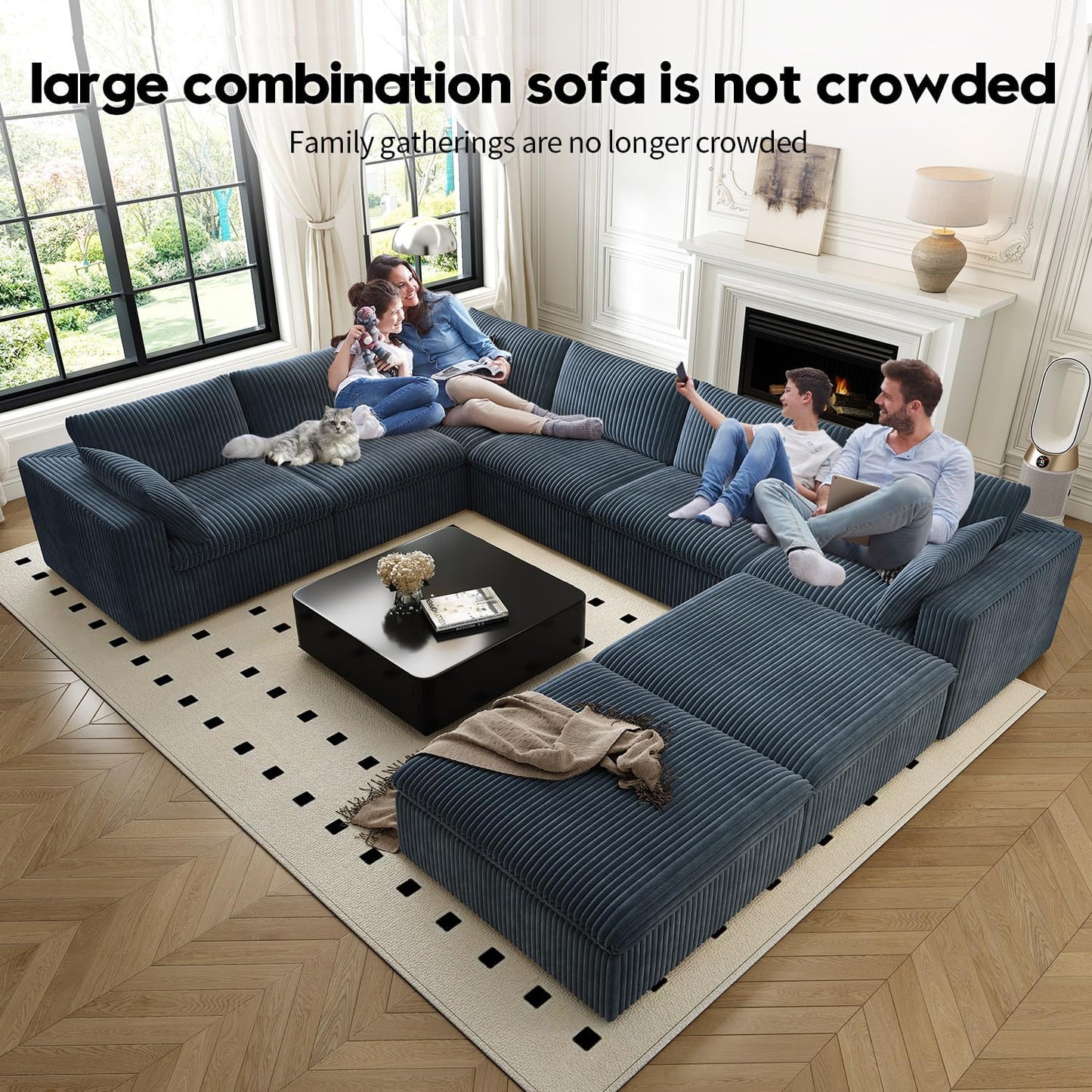 157.5" Cloud Couch Oversized Modular Sectional Sofa for Living Room,Modern Sofa with Deep Seat,8 Seater Boneless Couch with 2 Ottoman,Comfy Upholstered Couches for Apartment, Studio, Office,Blue