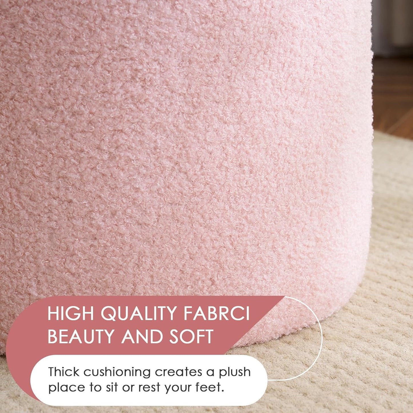 YFO Round Ottoman with Removable Lid Upholstered, Multifunctional Vanity Chairs for Makeup, Soft Footrest Stool Ottoman Foot Stool for Living Room, Bedroom, Boucle, Pink