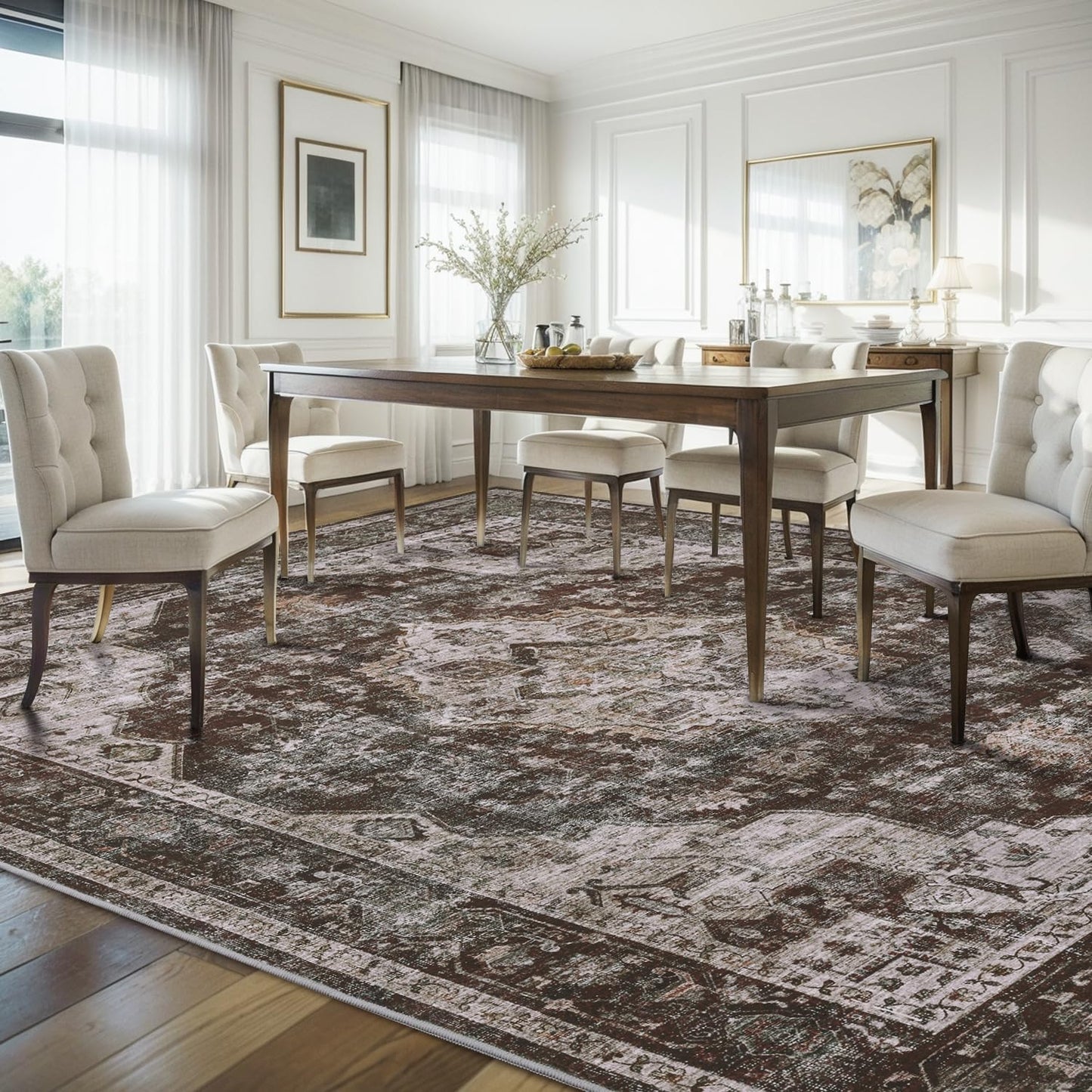 AMOAMI-3X5 Area Rug-Soft Washable Vintage Throw Accent Rugs for Living Room, Entryway, Bedroom, Kitchen, Bathroom, Laundry Room, Kitchen, Bathroom, Bedside, No Slip Brick/Brown