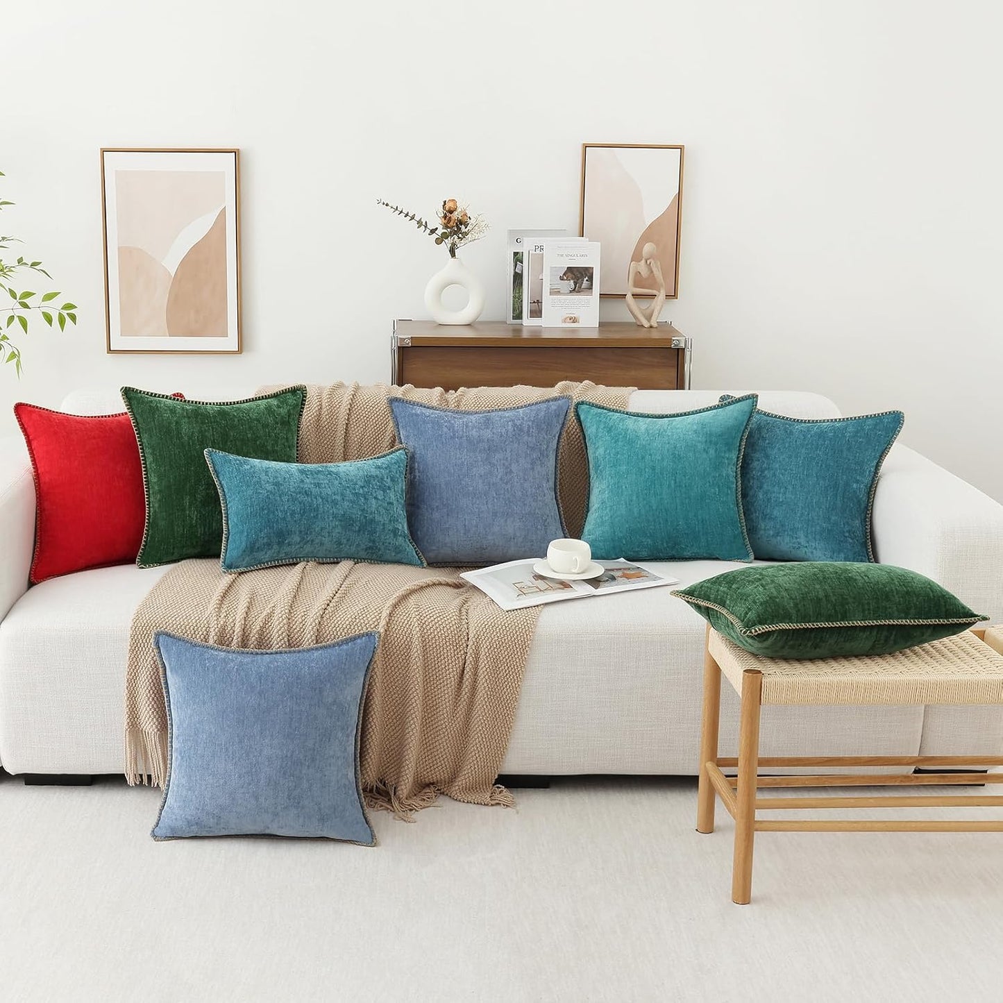 decorUhome Chenille Soft Throw Pillow Covers 18x18 Set of 2, Farmhouse Velvet Neutral Decorative Euro Pillow Covers with Stitched Edge for Couch Sofa Bed Home Decor, Blue