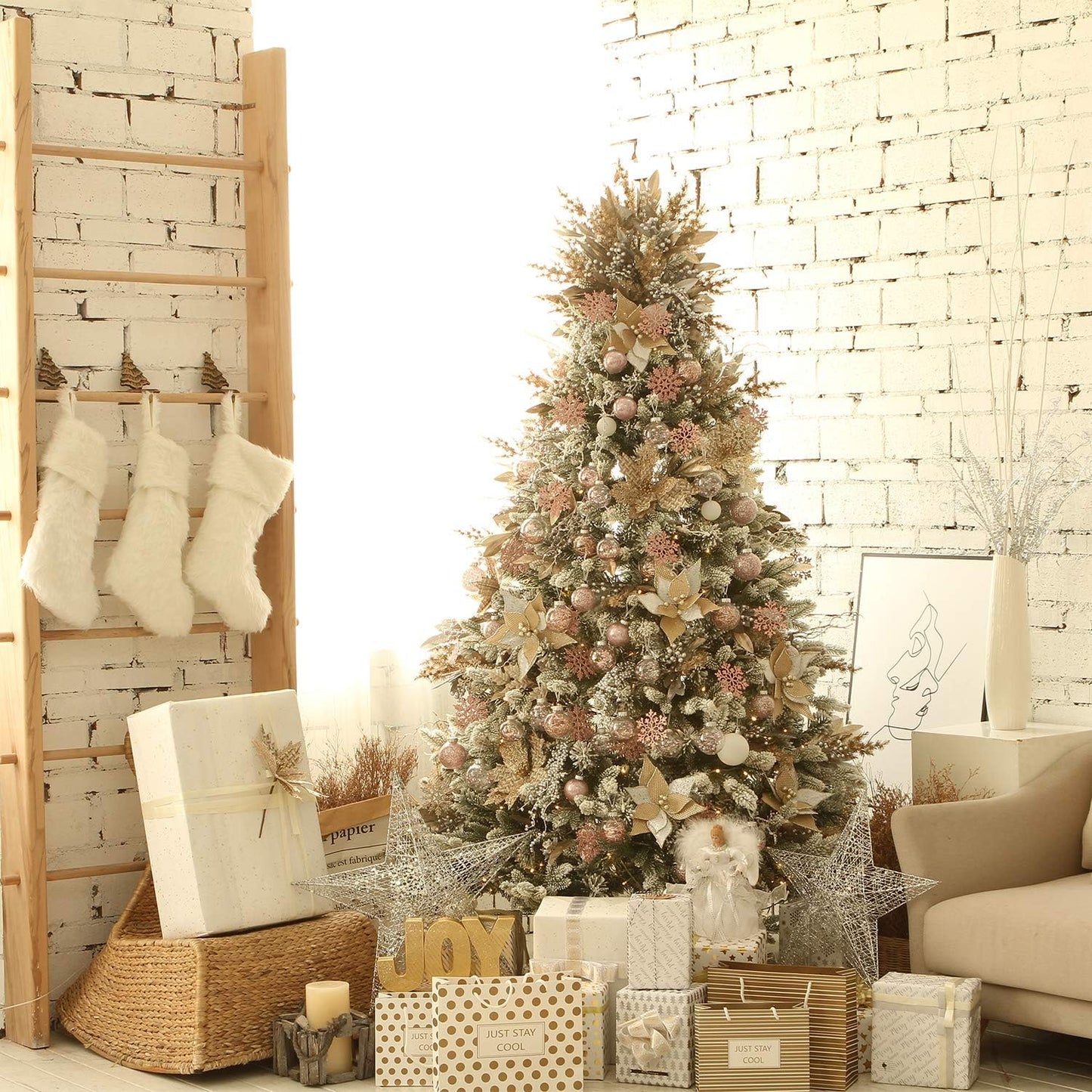 Sea Team Shatterproof Clear Plastic Christmas Ball Ornaments Decorative Xmas Balls Baubles Set with Stuffed Delicate Decorations (60mm/2.36 inch 30-Pack, Pinkish Gold)