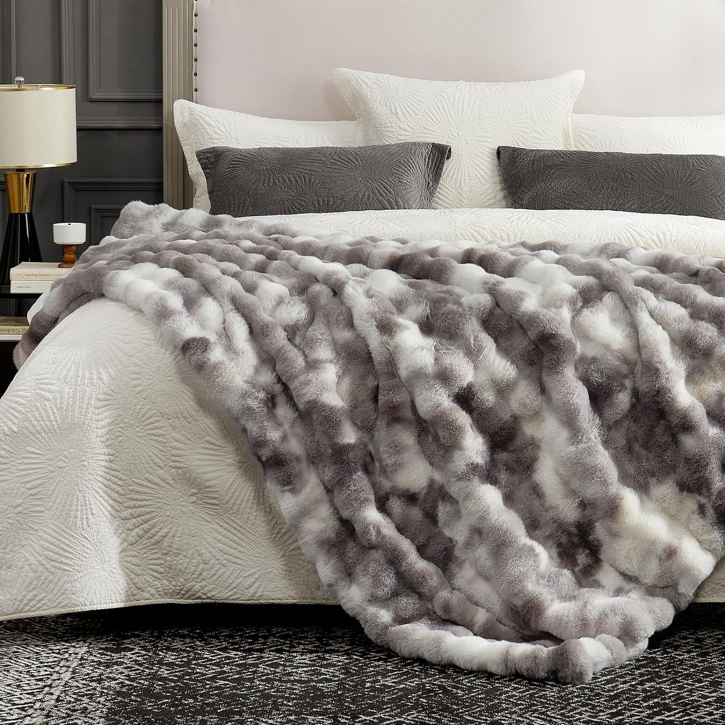 Cozy Bliss Faux Fur Throw Blanket for Couch, Fuzzy Soft Plush Thick Bubble Blanket for Sofa Bedroom Living Room, 60 * 80 Inches Tie-dye Taupe
