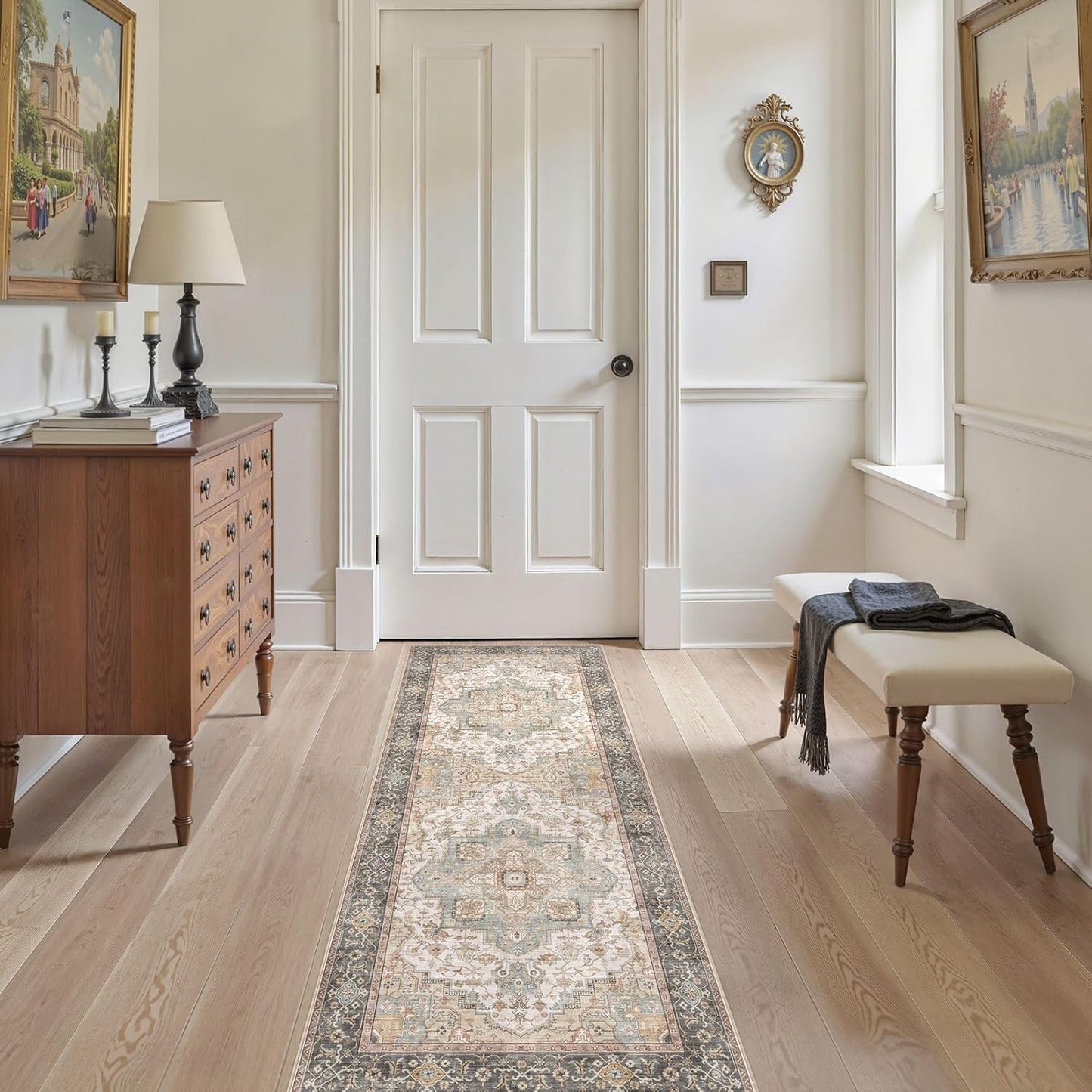 Washable 2x6 Runner Rug - Area Rugs Neutral Vintage Distressed Floral Farmhouse Boho Large Soft Floor Rug Indoor Carpet for Hallway Entryway Bedroom Kitchen - Forest Green Orange