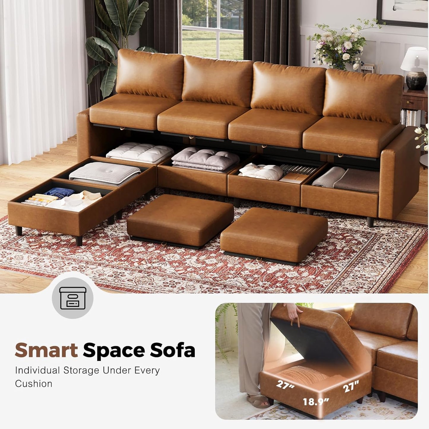 ABCASA Oversized 145.5" Faux Leather Modular Sectional Sofa, Modern Large 10 Seater U Shaped Couch with Storage Seat with Reversible Chaise Deep Seat for Living Room DIY Combination - Brown
