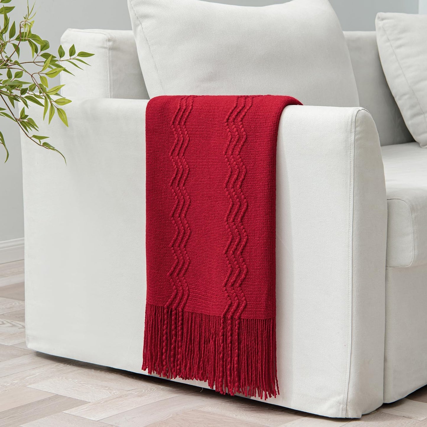 MIULEE Burgundy Red Knitted Throw Blanket for Couch Boho Textured Cozy Woven Blanket with Tassels for Sofa Chair Bed Living Room Acrylic Wave Pattern 60"x80"