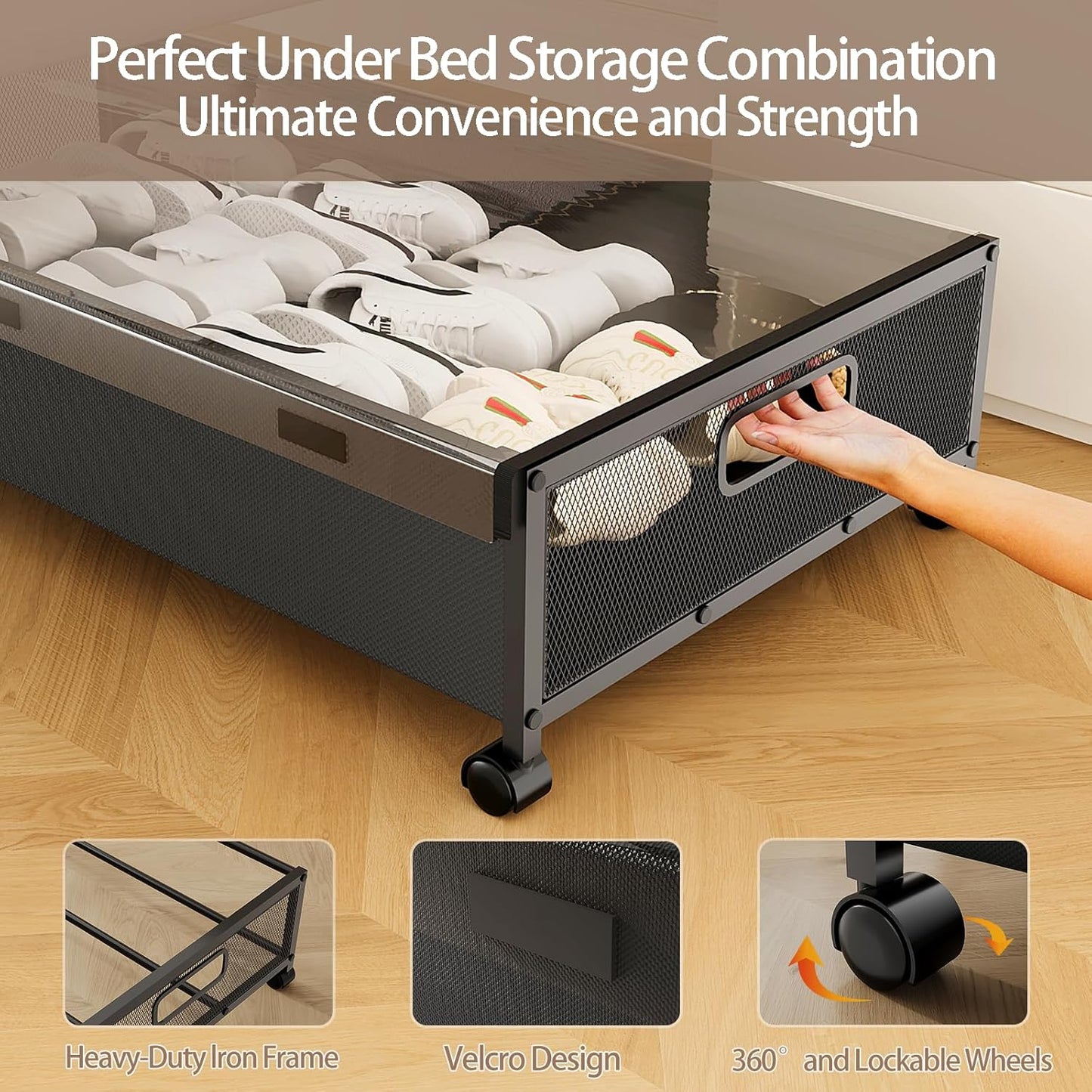 Under Bed Storage Containers with Wheels, Underbed Shoe Storage Organizer with Removable Lids, Large Rolling Under Bed Storage Dresser Drawers for Clothes Toys Shoes Blankets