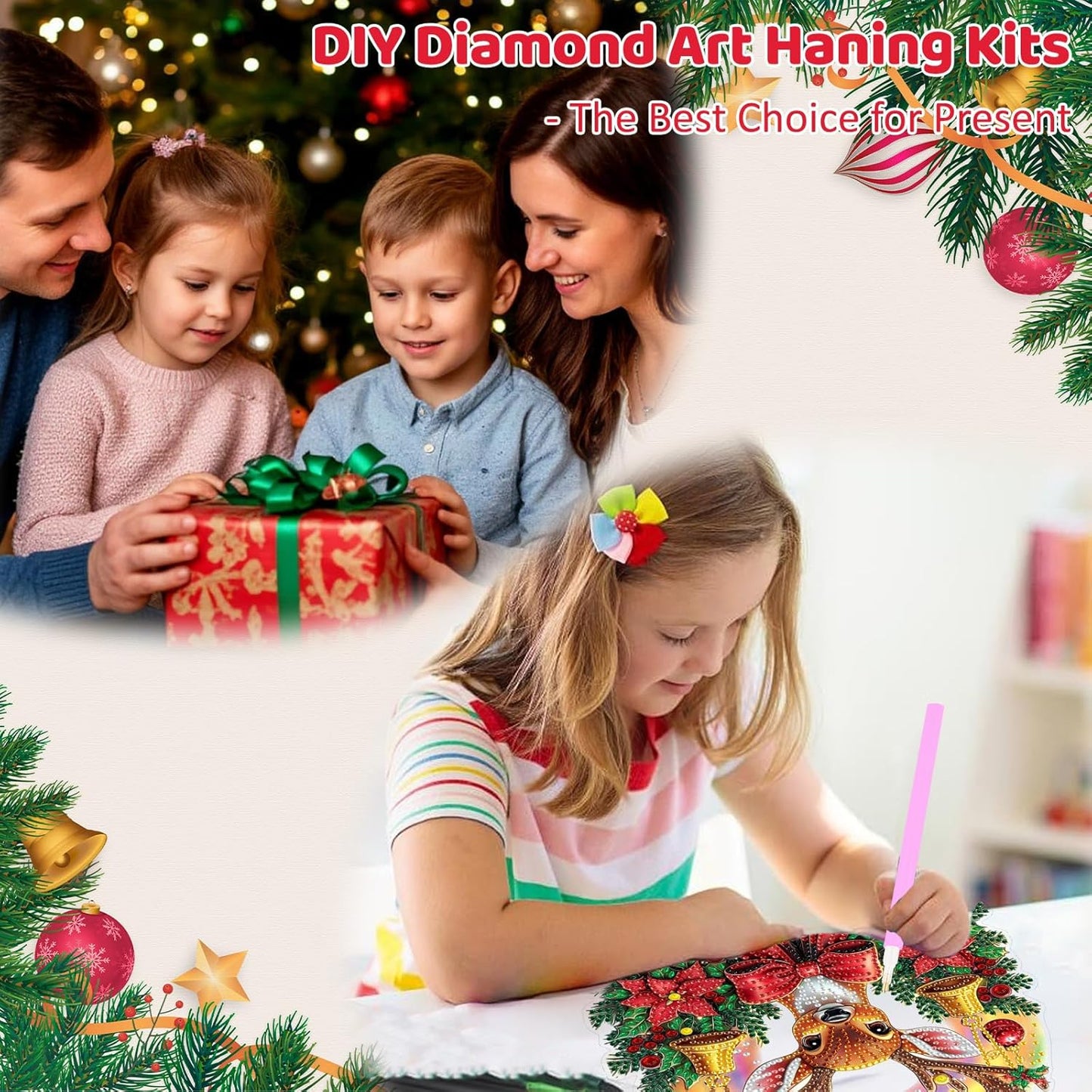 MEIYUDA Christmas Hanging Diamond Art Kits for Adult, Deer Diamond Painting Hanging Kits Ornaments, DIY Special Shaped Rhinestone Window Pendants kit for Home Garden Wall Decor Gift
