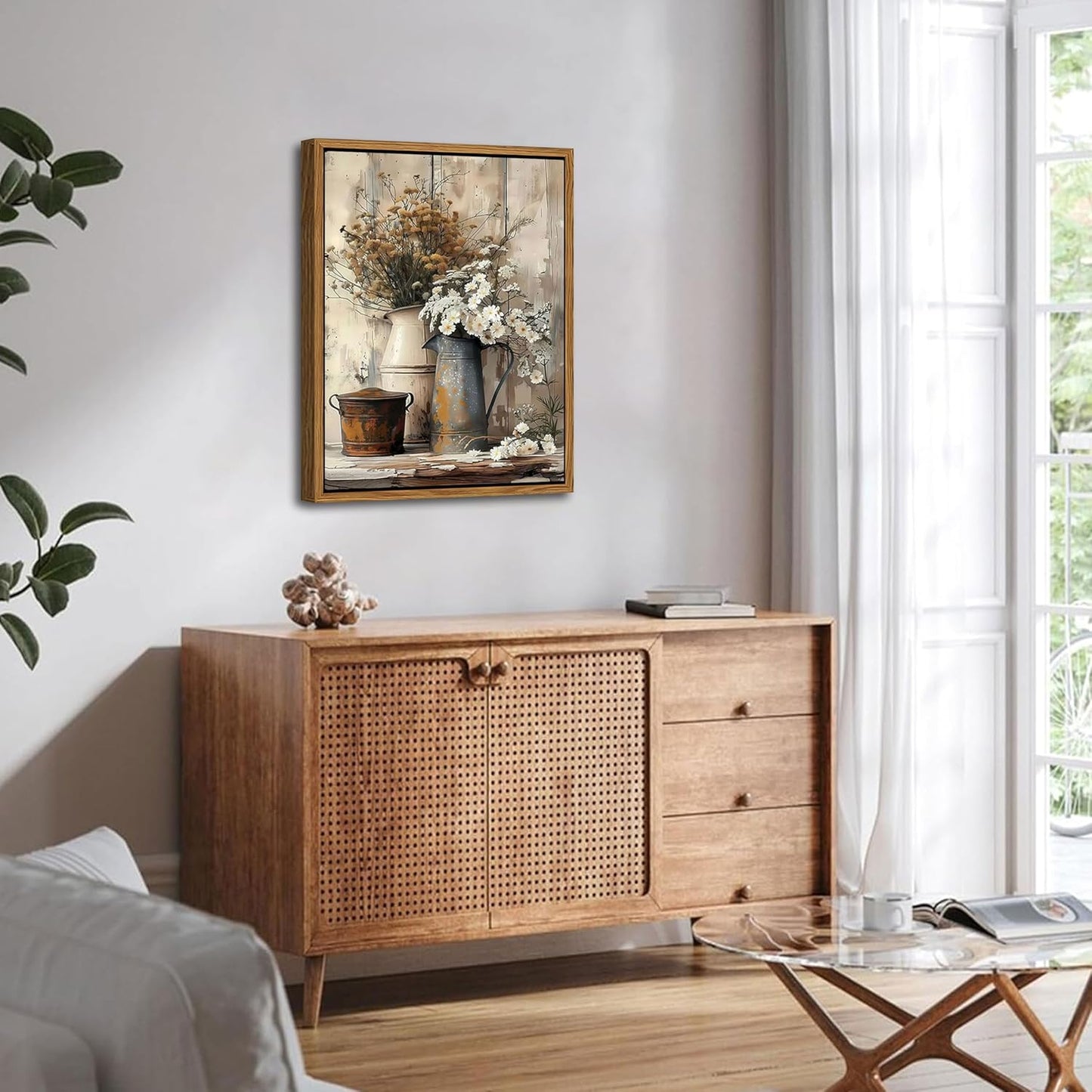 Floating Framed Farmhouse Vintage Canvas Wall Art, Country Floral Daisy Pictures Wall Decor, Wood Grain Art Paintings Poster for Living Room Bedroom Bathroom Rustic Decor 12x16 inch