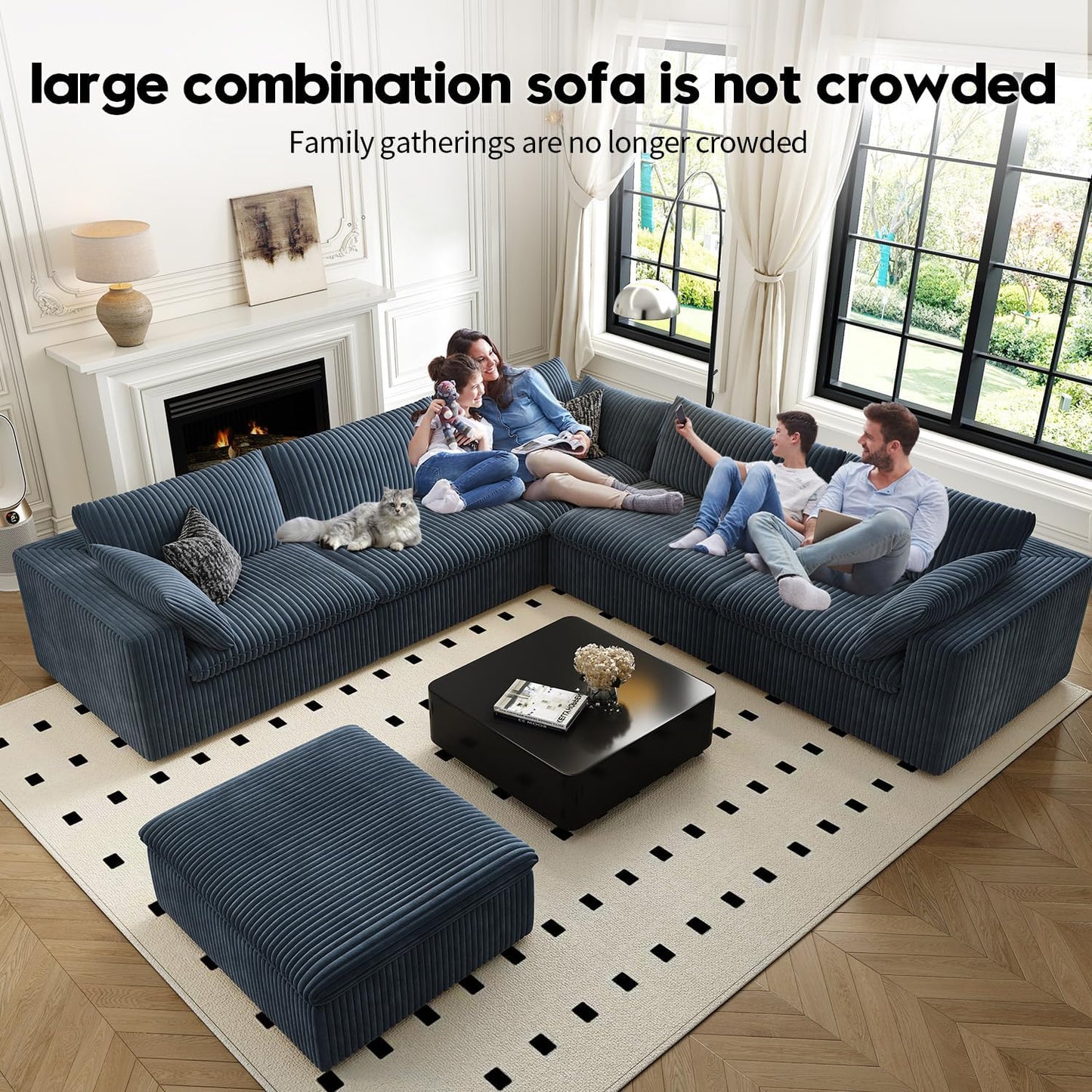 118" Cloud Couch Oversized Modular Sectional Sofa for Living Room,Modern Sofa with Deep Seat,6 Seater Boneless Couch,Comfy Upholstered Corduroy Couches for Apartment, Studio, Office,Bedroom,Blue
