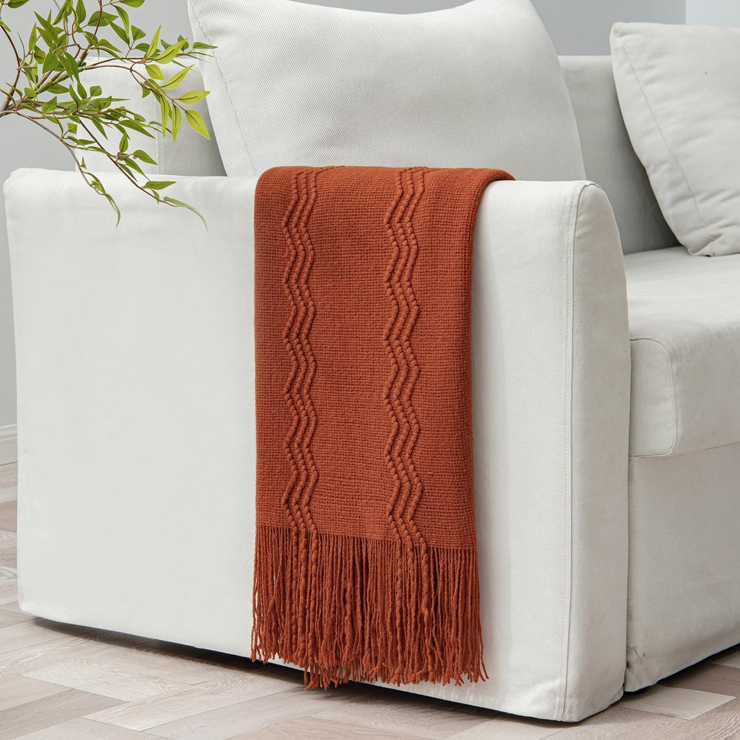 MIULEE Fall Rust Knitted Throw Blanket for Couch Boho Terracotta Textured Cozy Woven Blanket with Tassels for Sofa Chair Bed Living Room Acrylic Wave Pattern 60"x80"