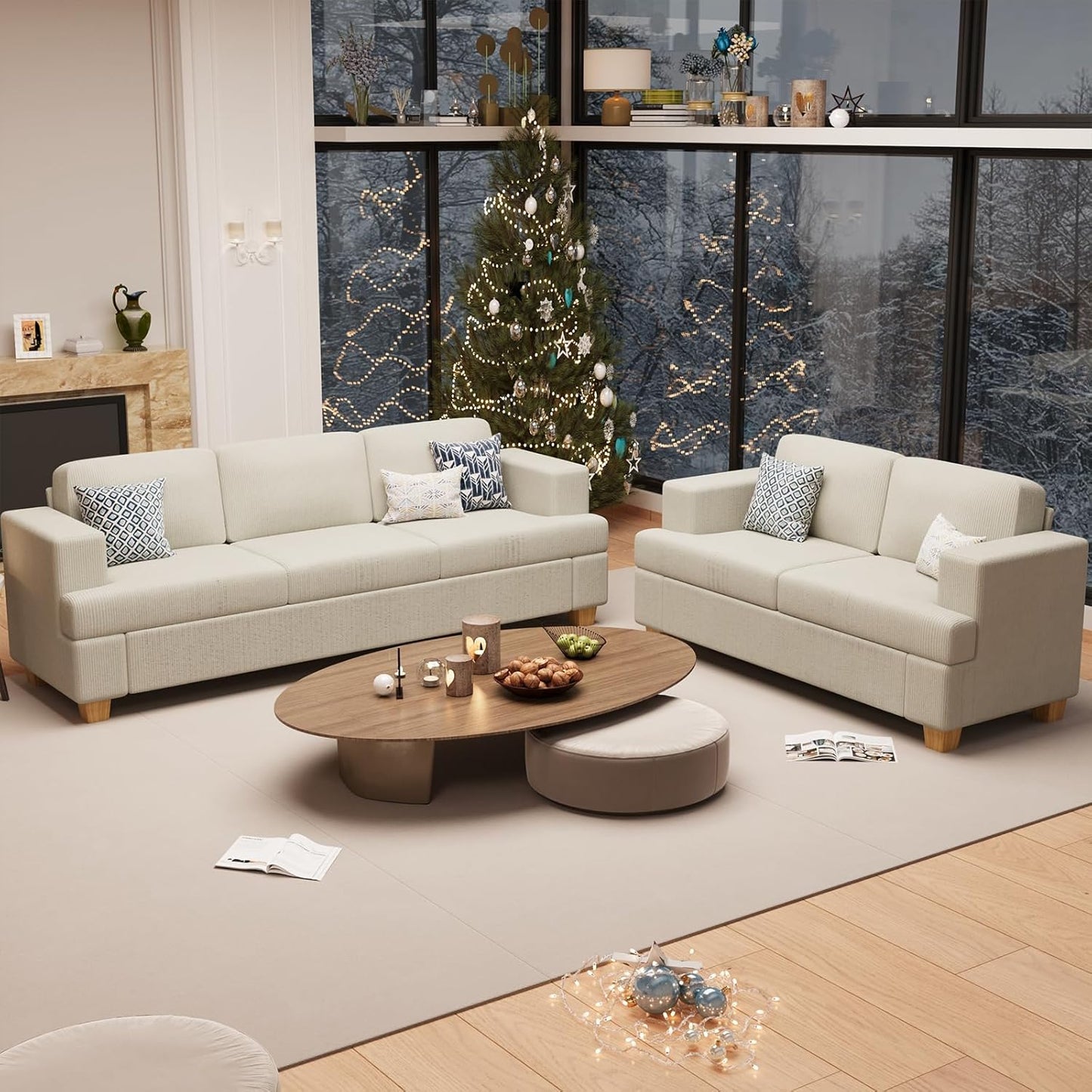 89" White Corduroy Sofa for Living Room, 3 Seater Cloud Couch, Deep Seat Floor Couch for Bedroom, Futon Modern Sofa Bed, White Corduroy