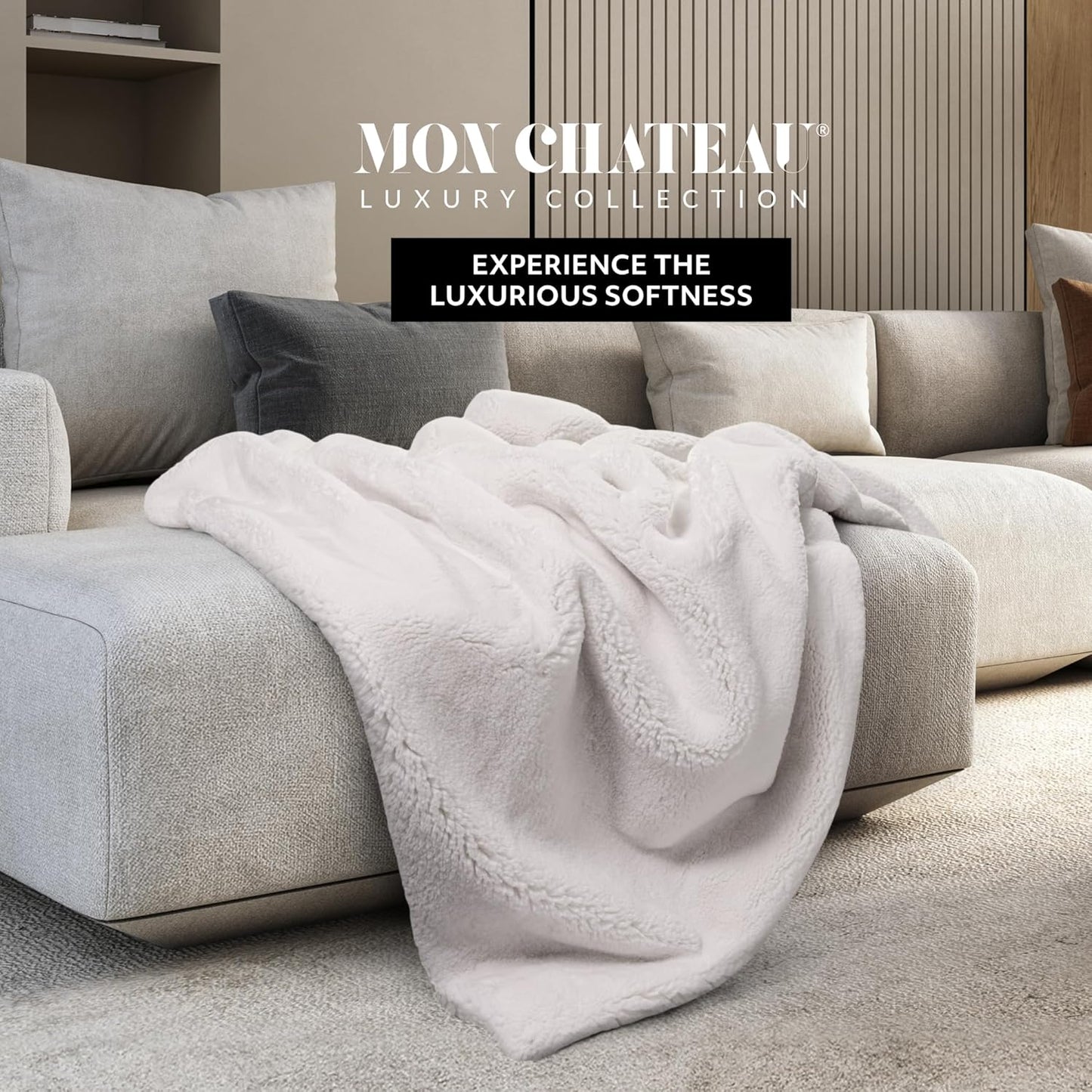 Mon Chateau Luxury Ultimate Plush Faux Fur Throw with 6cm Foldover for Couch, Sofa, or Bed - Plush Ultra Soft Blanket for Sleeping or Home Décor, 60" x 70" (Foldover Ivory)