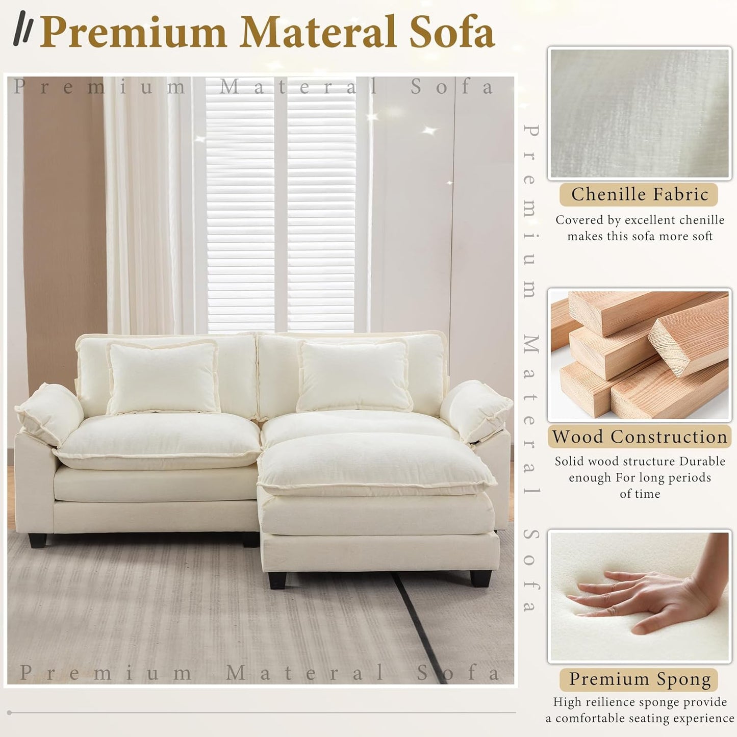 URRED Modular Sectional Sofa Comfy Cloud Couch, Modern Chenille Sofa Sleeper Deep Seat Couches with Ottoman/Pillows for Living Room (White, 82.6''- L Shape)