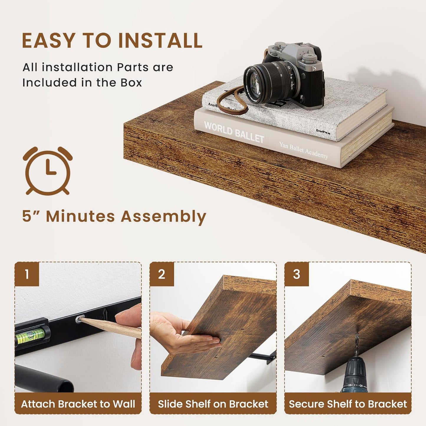 fuqing Floating Shelves for Wall, Bathroom Shelf Wall Mounted for Storage, Shelves with Invisible Bracket for Bedroom, Kitchen, Living Room, Farmhouse Small Book Shelf, 16 Inch Set of 2, Rustic Brown