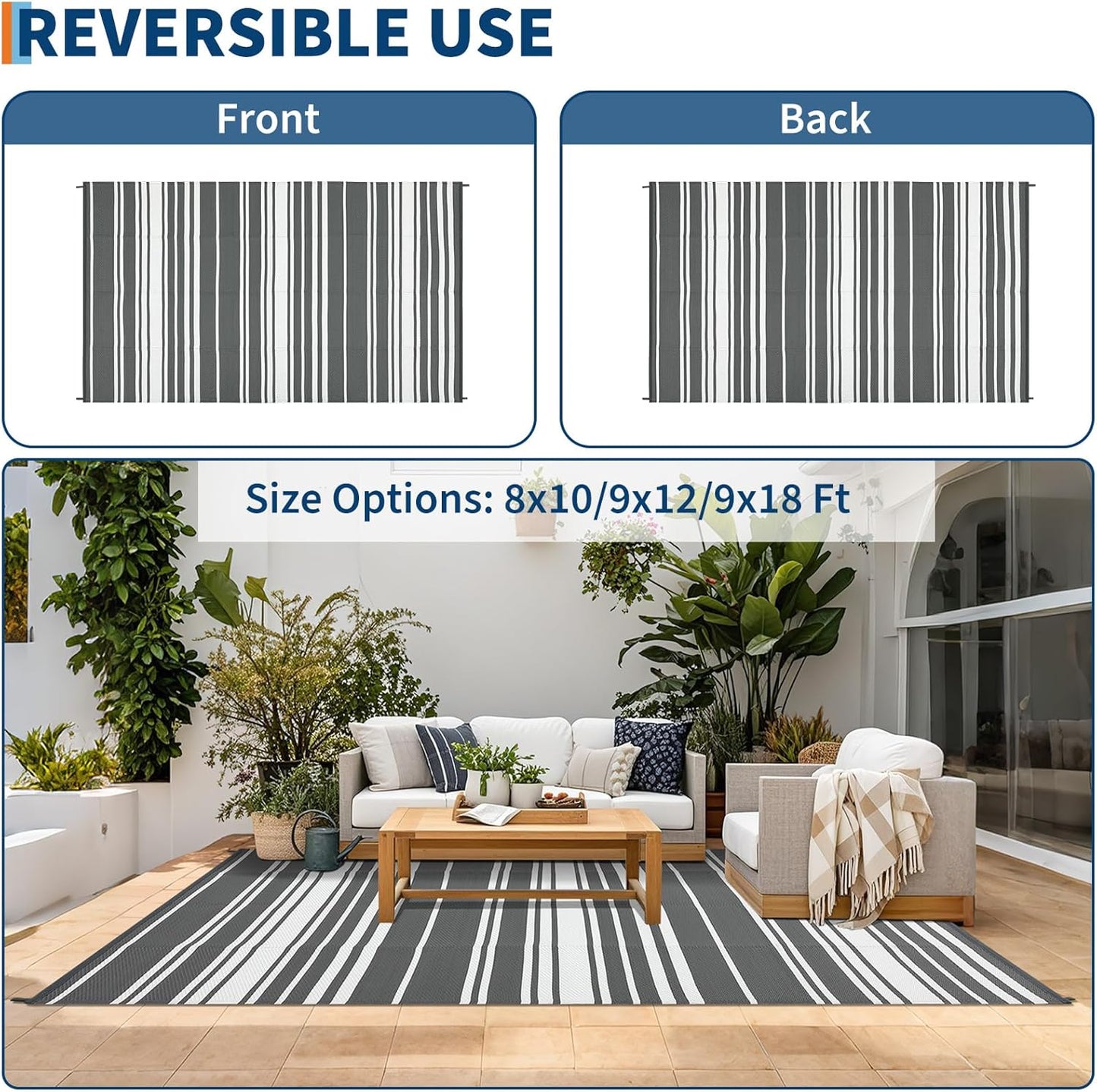 Waterproof Outdoor Rug 8x10 Contemporary Reversible Plastic Straw Rug, Easy Cleaning Striped Patio Carpet, UV-Resistant Indoor Outdoor Floor Cover for RV, Porch, Deck, Backyard, Grey