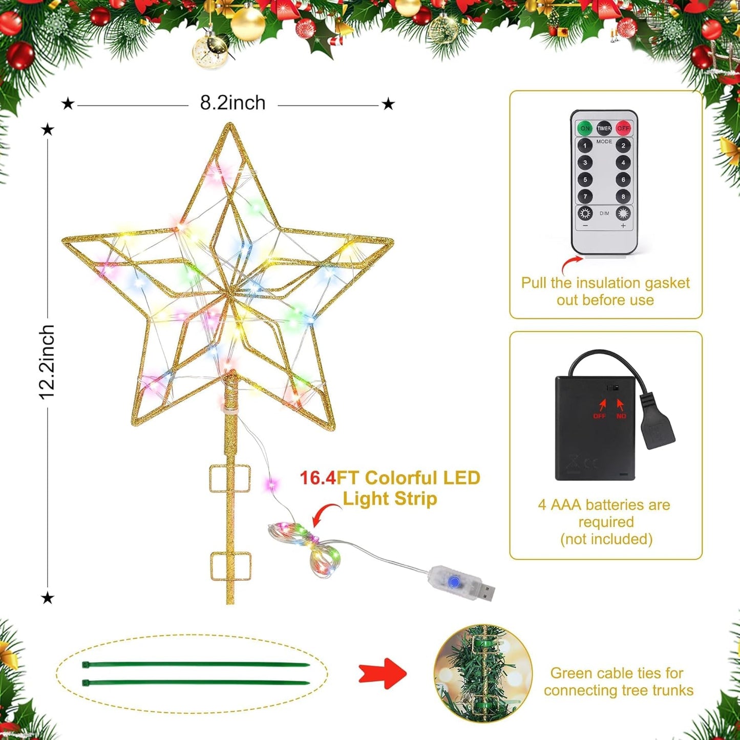 Christmas Tree Topper,50 LED Lighted Sparkling Star Tree Toppers Christmas Decorations,8 Lighting Modes Gold Star Xmas Decorations with Remote Control and Extra Battery Box,Glitter Christmas Ornament