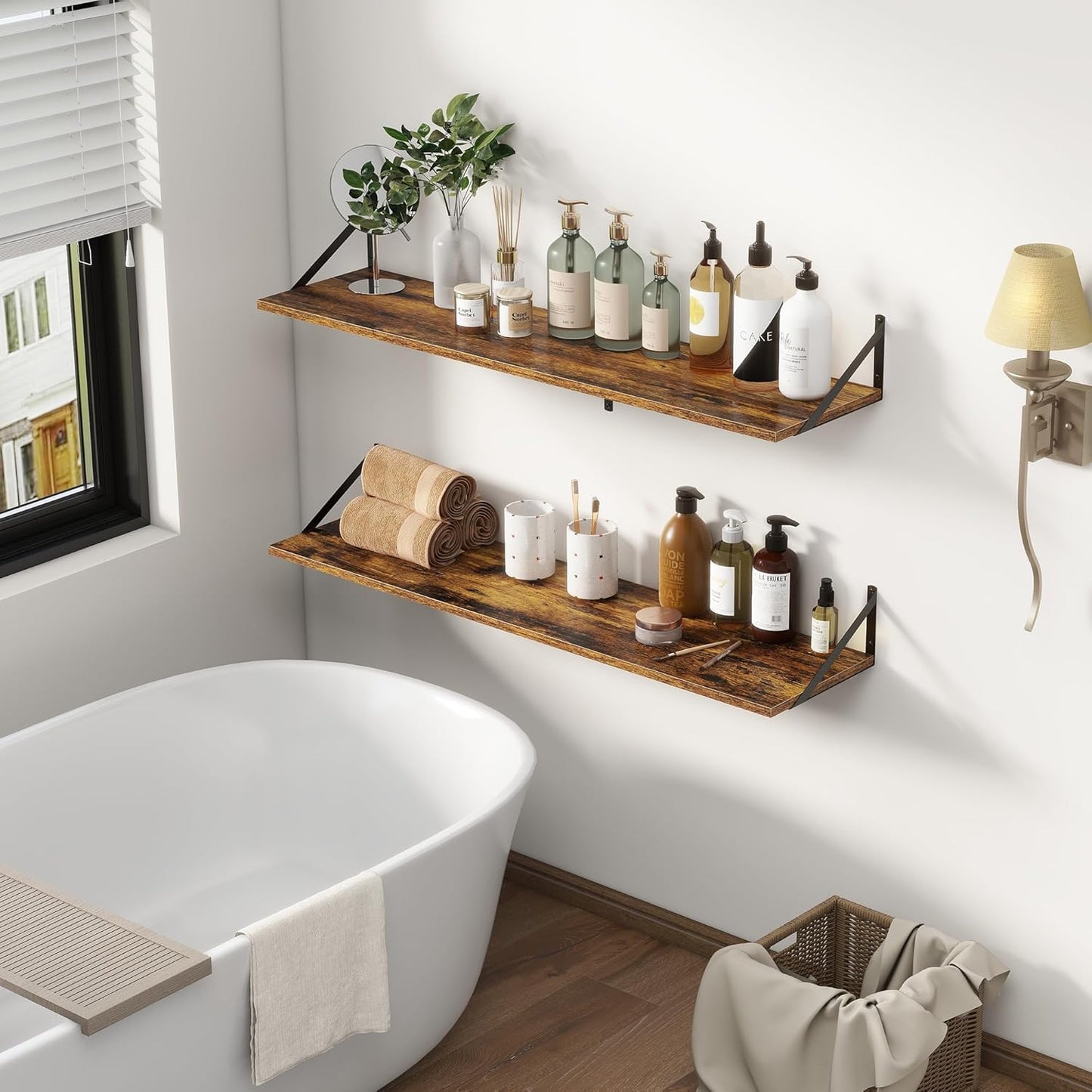 12 Inch Deep Floating Shelves,48W x 12D Floating Shelves, Deep Wall Shelves Bracket Set of 2, Large Display Floating Shelf for Bathroom, Living Room, Wide Storage Wooden Wall Shelf, Rustic Brown