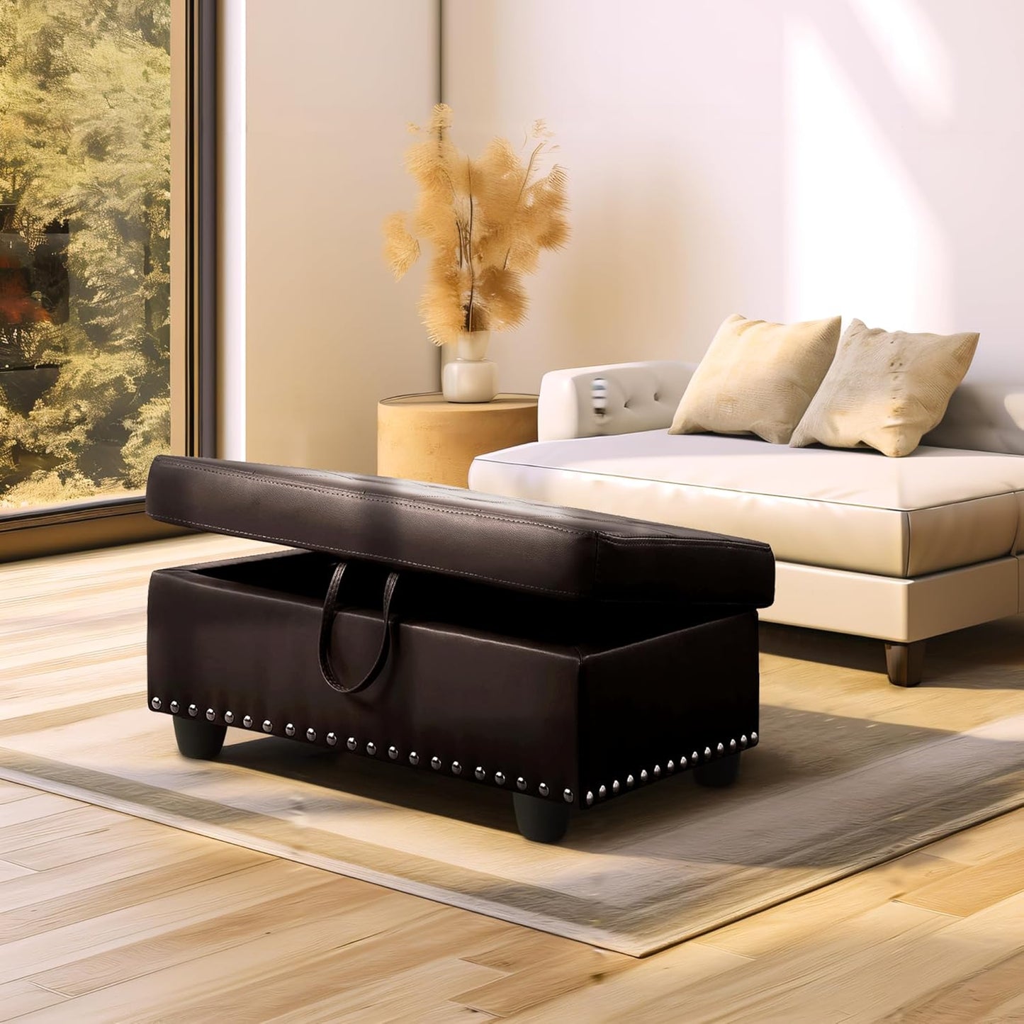 Ottoman Rectangular Storage Ottoman Bench, Faux Leather Footrest, Coffee Table, Stool Footstool with Hinged Lid for Living Room, Bedroom, Entryway, Brown, 28.5"x19"x17.5"