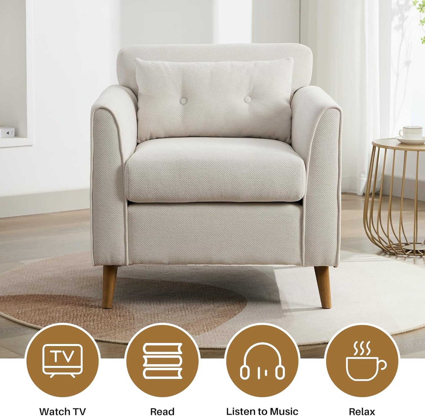 Modern Accent Chair with Wooden Legs Plush Fabric Armchair Chenille Side Single Sofa Chair for Bedroom, Office Cafe Waiting Room Apartment (Beige Armchair)