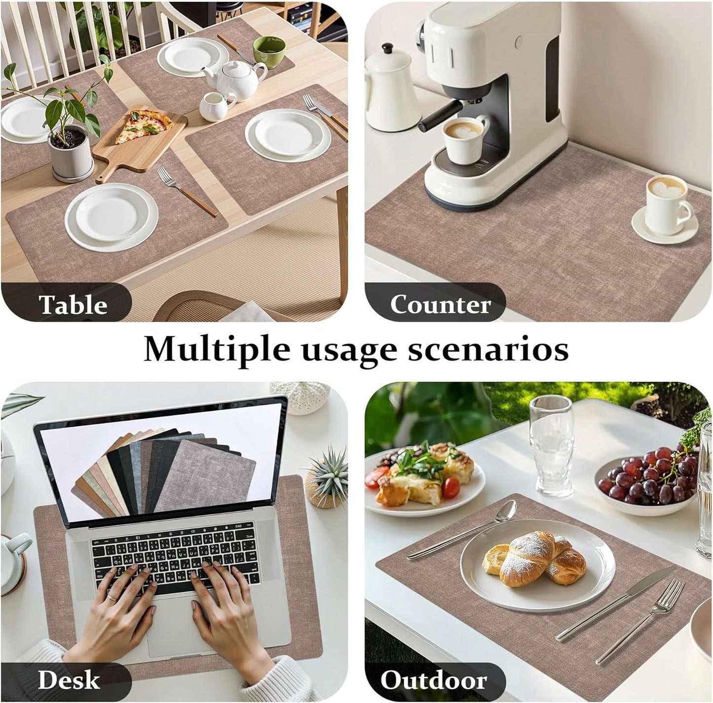 FROMHEART Faux Leather Placemats Set of 8–Waterproof,Heat/Oil Stain-Resistant PU Table Mat–Reversible,Non-Slip,Easy to Clean Place Mats for Kitchen,Dining,Indoor/Outdoor,(Dark Coffee,11.8" x 17")