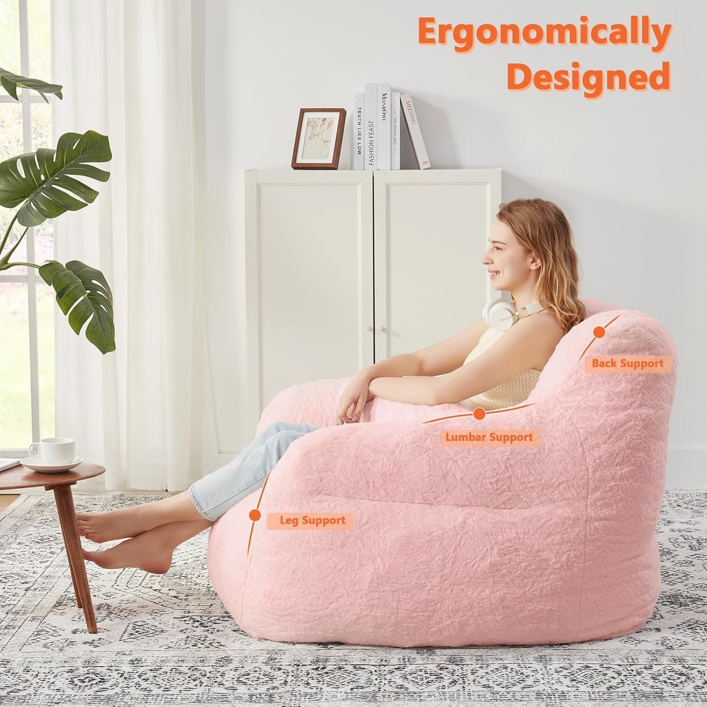 Bean Bag Chair for Adults with Pillow,Oversized Bean Bag Couch Chairs for Adults,Giant Lazy Couch Sofa Chairs with Filler,Large Reading Chair for Living Room Bedroom,Pink