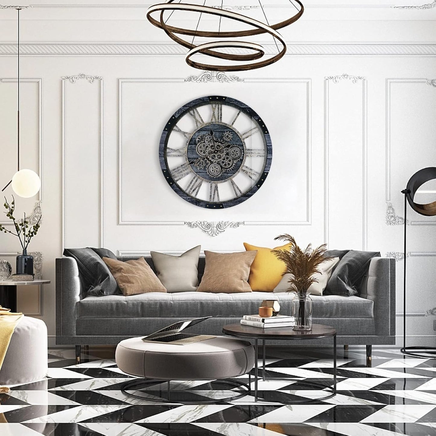 27 Inch Moving Gear Wall Clock, Oversized Wall Clocks, Clock Living Room Decor, Solid Wood Frame, Battery Operated, Large Wall Clock with Steampunk Industrial for Fireplace(Gray)