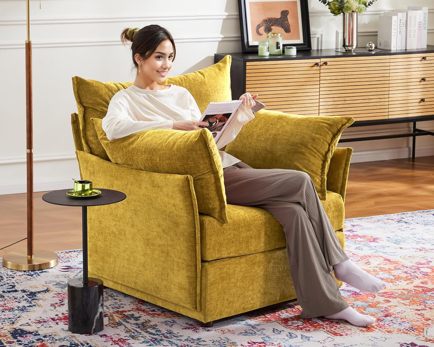 Oversized Accent Chair, 24.5" Deep Seat Large Reading Armchair with Removable Backrest & Detachable Cover,Chenille Yellow for Living Room/Bedroom/Office