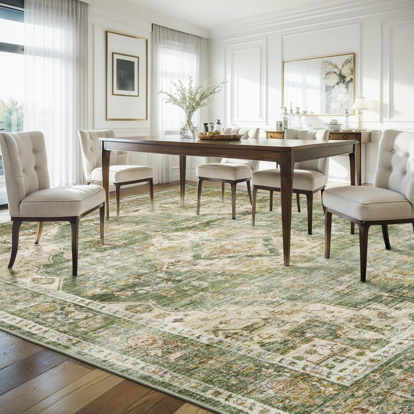 AMOAMI-Area Rug 6X9 Rugs for Living Room-Vintage Soft Green Rugs for Bedroom-Non Slip Carpet-Machine Washable Rug for Dining Room Living Room Bedroom Office Under Table