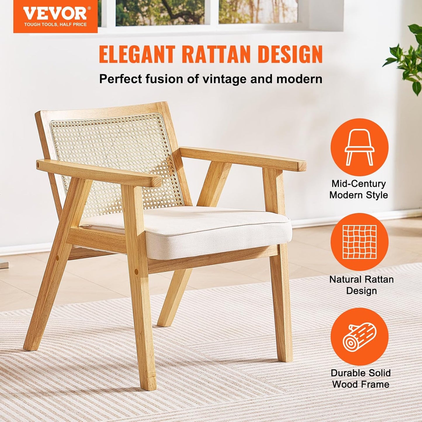 VEVOR Mid Century Modern Rattan Chair, Upholstered Velvet Accent Chair with Rattan Back, Retro Living Room Chair for Living Room, Bedroom, Reading Room, and Office, Beige