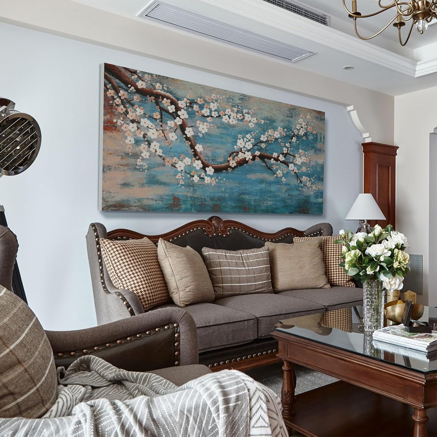Large Canvas Wall Art for Living Room- 100% Hand-Painted Oil Painting with Texture, Extra Large Gallery Wrapped Floral Plum Blossom Tree Artwork Blue Teal Lake Wall Picture for Bedroom, Office Decor
