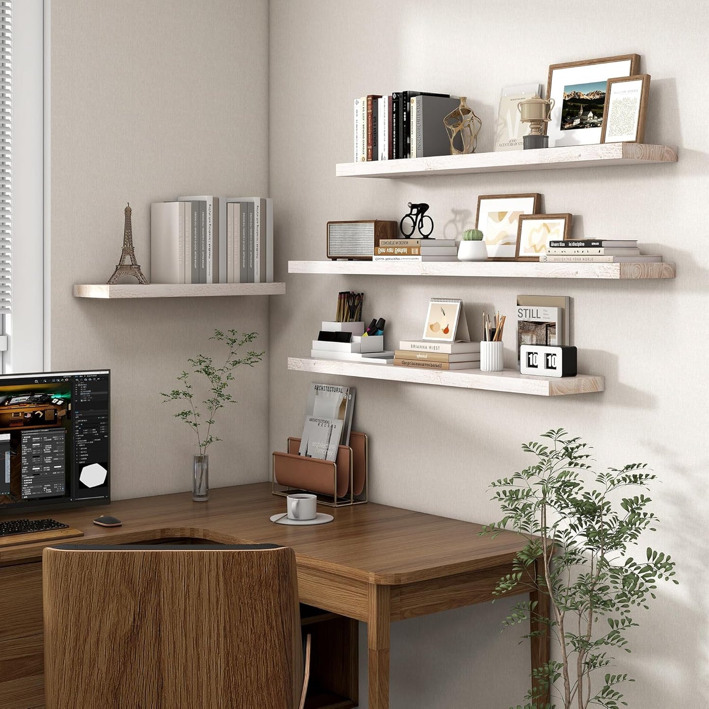 Axeman Floating Shelves for Wall - 32''W x 8'' D Rustic Solid Elm Wood Shelves for Storage, Wall Mounted Display Shelving with Invisible Heavy-Duty Metal Bracket (White Wash, 2PCs)