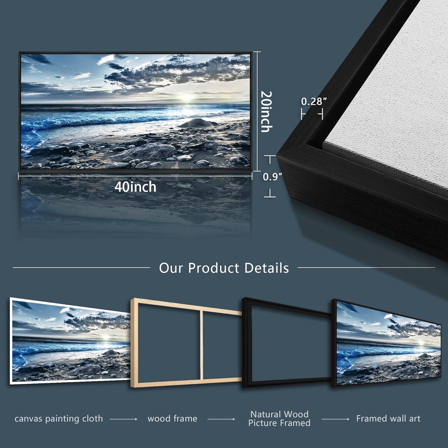 Wapluam Large Canvas Prints Wall Art For Living Room Wall Decorations For Bedroom Office Wall Decor Scenery Wall Painting Blue Sea Pictures Artwork For Fashion Black Framed Beach Posters Home Decor