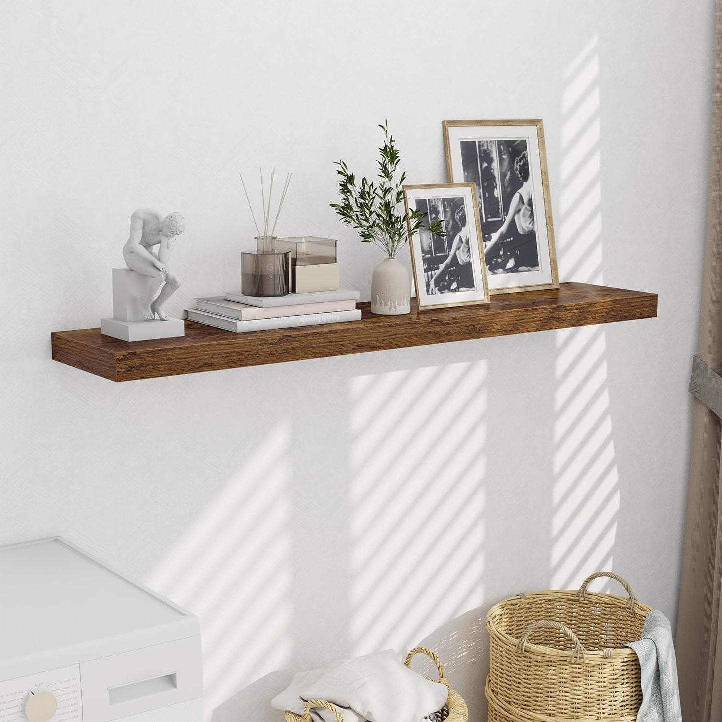 Fun Memories 55 Inch Fireplace Mentel Shelf, 10 Inch Deep Shelves for Display&Wall Storage, Rustic Wood Wall Shelf -Extra Long Floating Shelves for Living Room Laundry Room, Rustic Brown, Set of 1