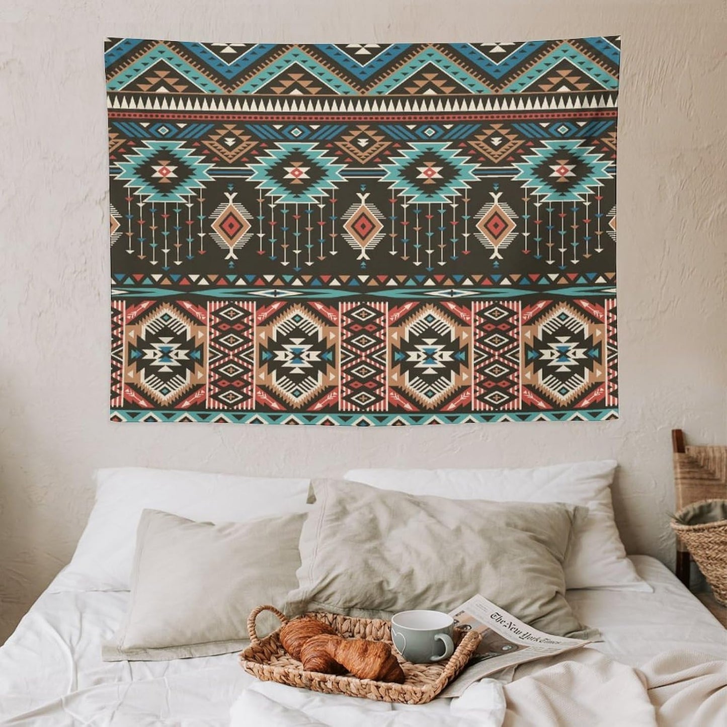HZOHNAGO Aztec Tapestry Turquoise Blue and Brown and Native American Tribal Pattern Printed Wall Tapestry Wall Hanging for Bedroom Living Room Dorm 40" W x 30" H