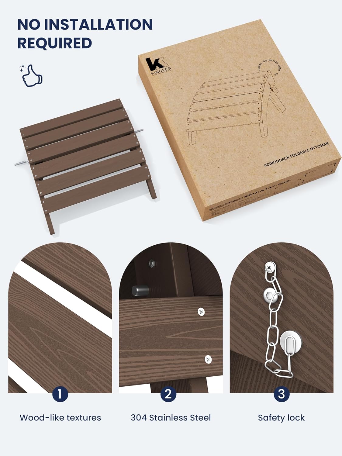 KINGYES Folding Adirondack Ottomans Set of 2 for Adirondack Chair, Brown