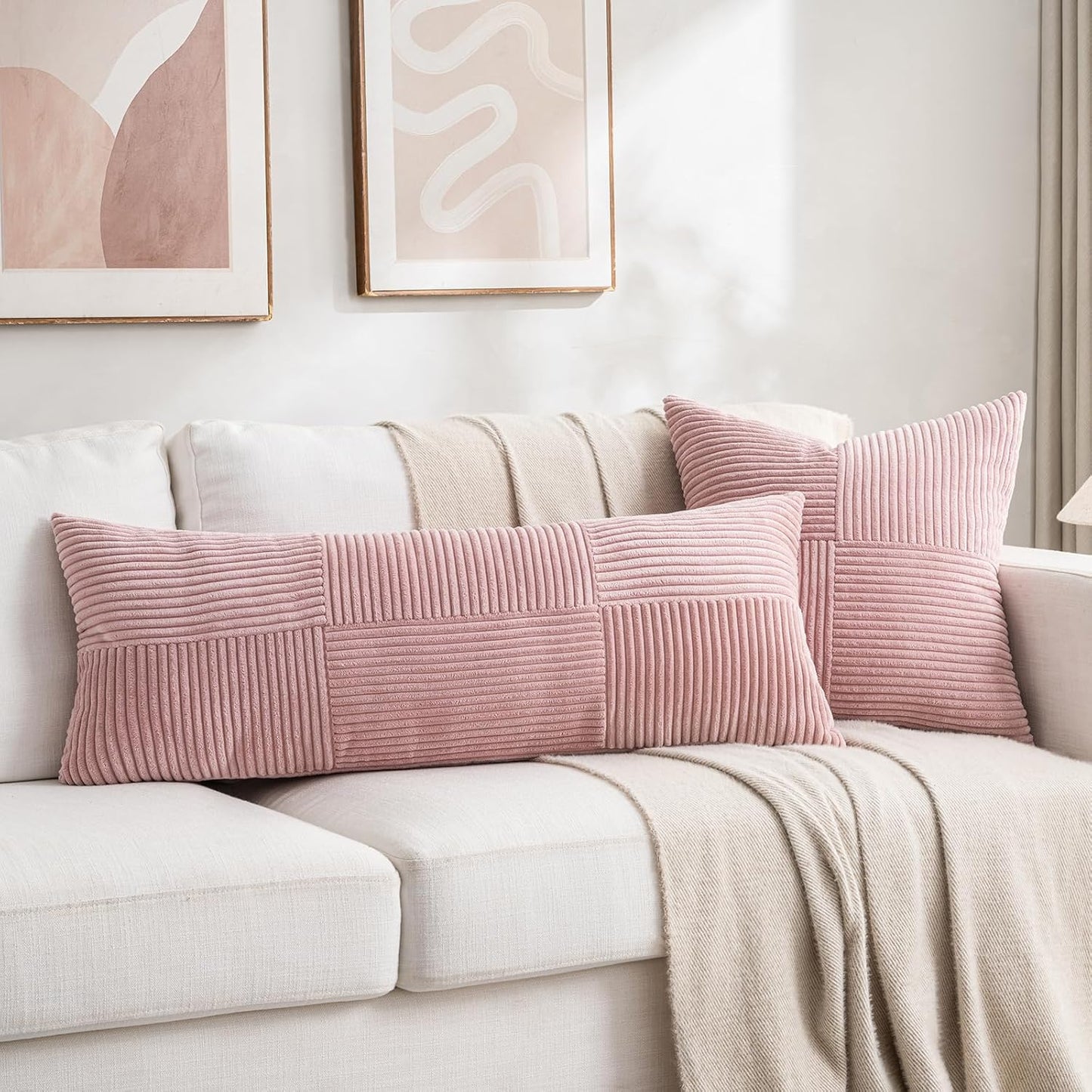 Fancy Homi 2 Packs Blush Pink Decorative Throw Pillow Covers 22x22 Inch for Living Room Couch Bed Sofa, Rustic Farmhouse Boho Home Decor, Soft Corss Corduroy Patchwork Accent Cushion Case 55x55 cm