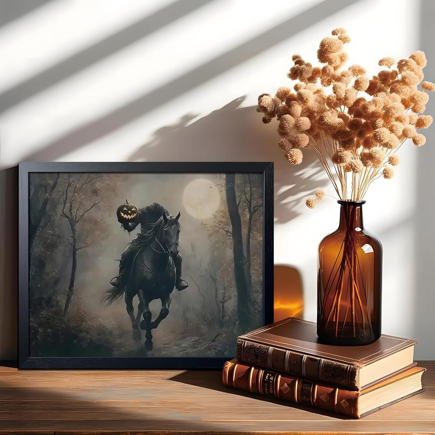 Black Wood Framed Halloween Canvas Wall Art Painting, Headless knight holding a pumpkin lantern Wall Decor, Vintage Dark Academia Gothic Poster Print, for Living Room Bedroom Office Decor 12x16 Inch