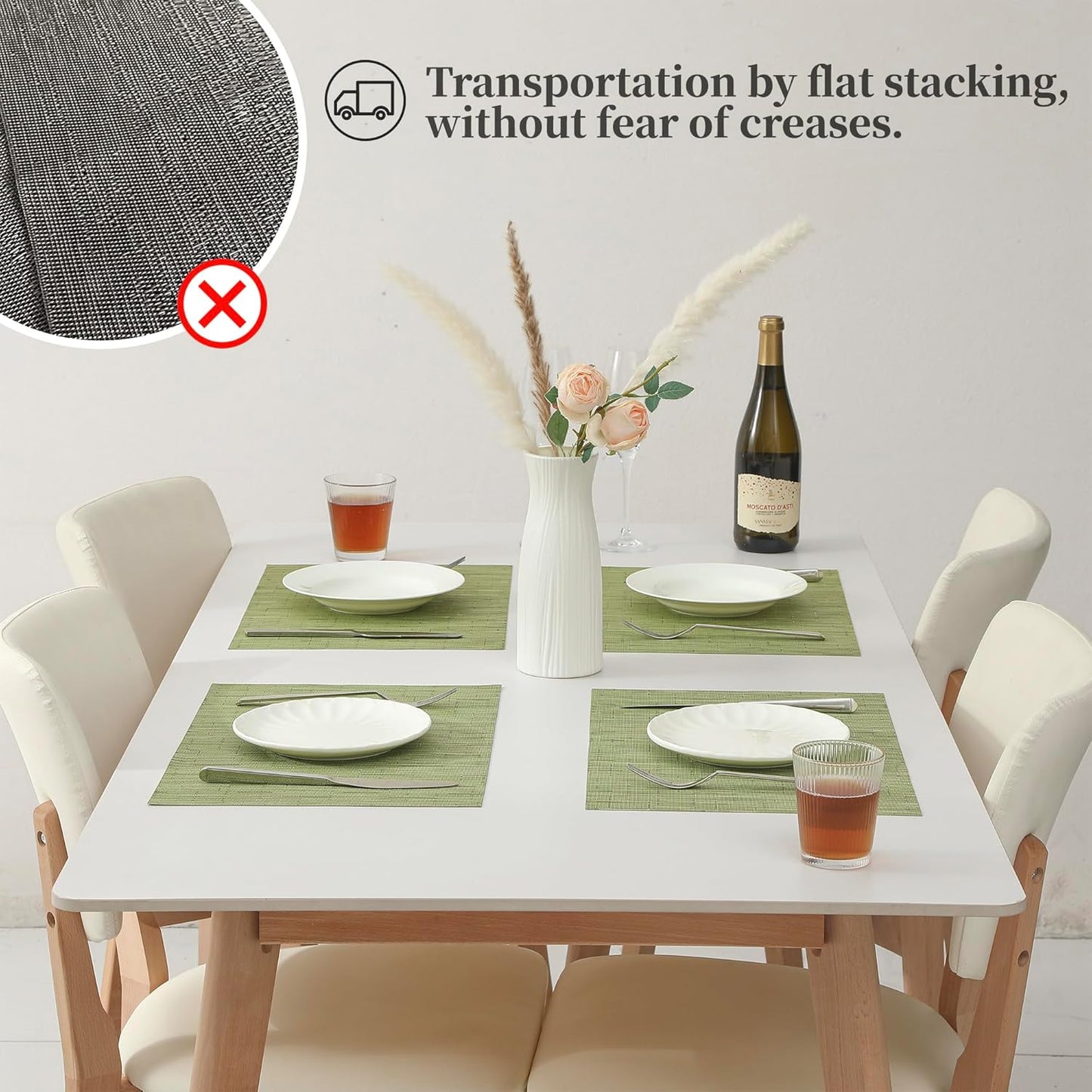 Leetaltree Pea Green Placemats Set of 8 - Heat Resistant Non-Slip Place mats for Dining Table, Washable Durable PVC Vinyl Woven Table Mats(Pea Green, 8)