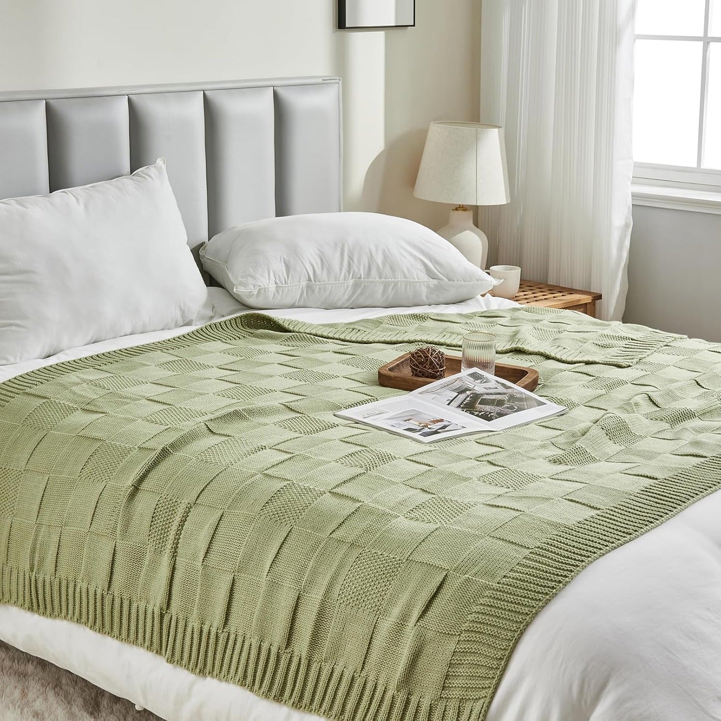 CozeCube Check Knit Throw Blanket, Sage Green Checkered Throw for Couch, Decorative Christmas Soft Cozy Warm Knitted Blanket for Bed Sofa Living Room, 50"X60"