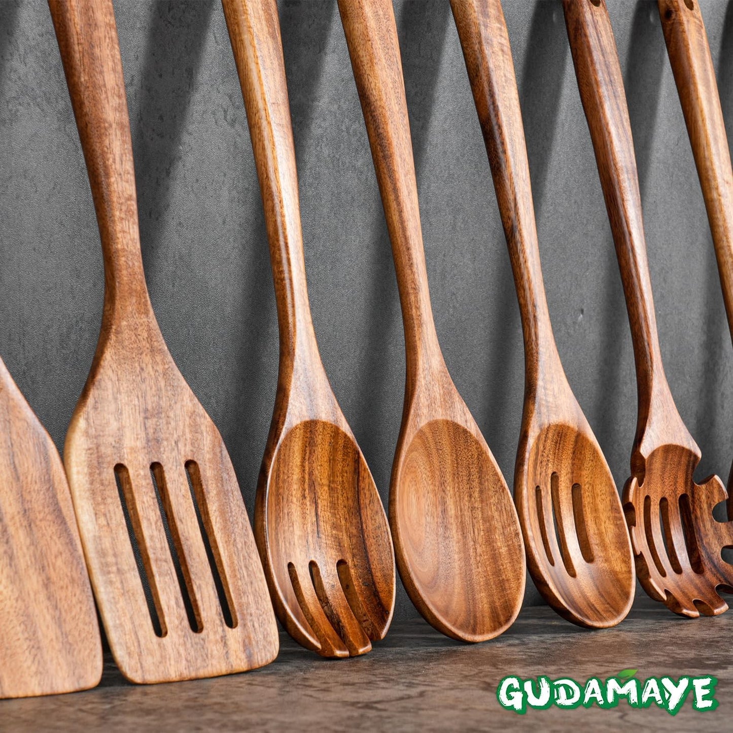 Gudamaye 13 inch Long Wooden Spoons for Cooking, 9 PCS Natural Teak Wooden Kitchen Utensil Set with Utensils Holder Made of Australia Camphor Laurel Wood,Wooden Utensils for Cooking