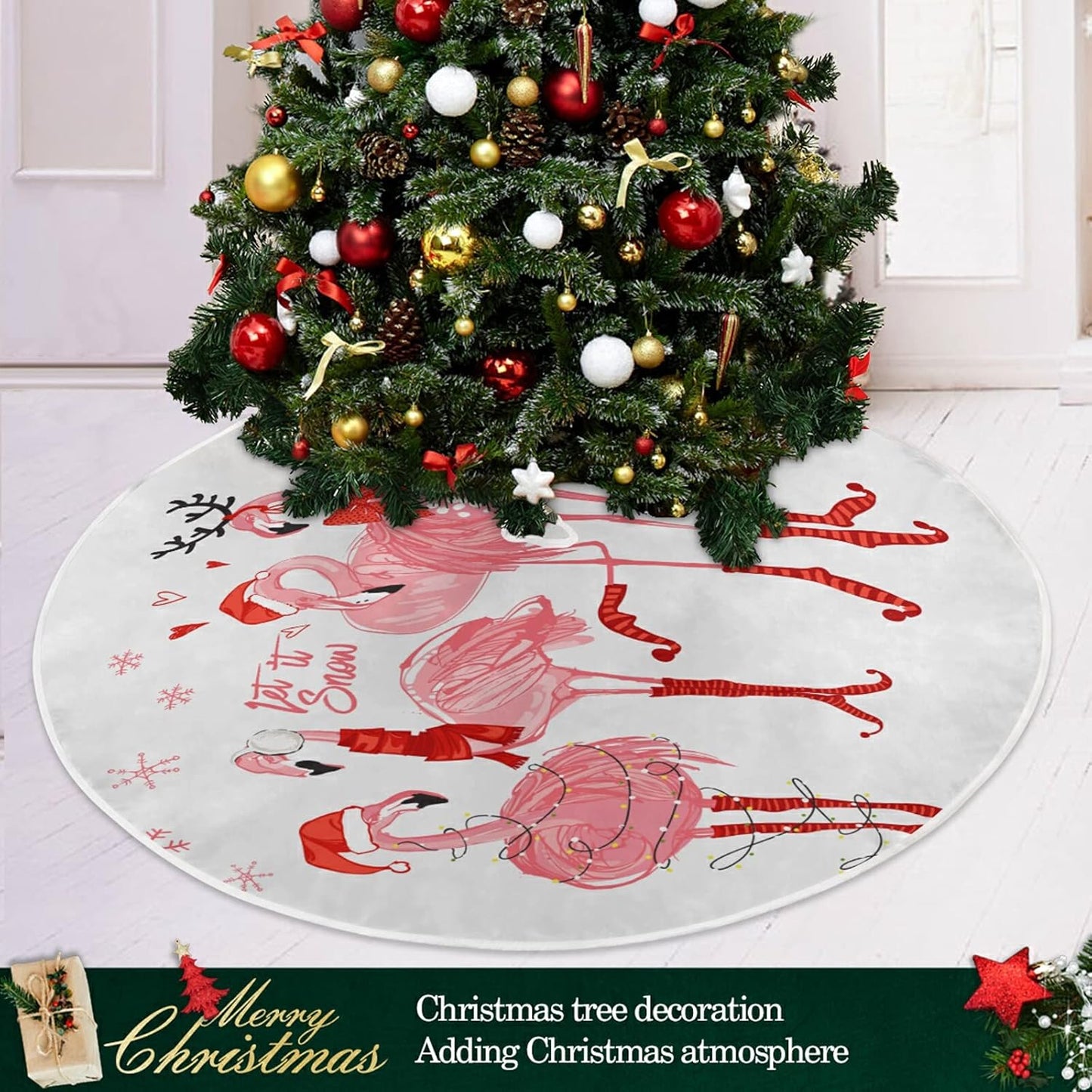 Christmas Pink Flamingo Snowflake Tree Skirt, Seasonal Tree Mat Holiday Party Supplies Ornaments Indoor Outdoor Decorations for Tabletop Trees 35.4 Inches