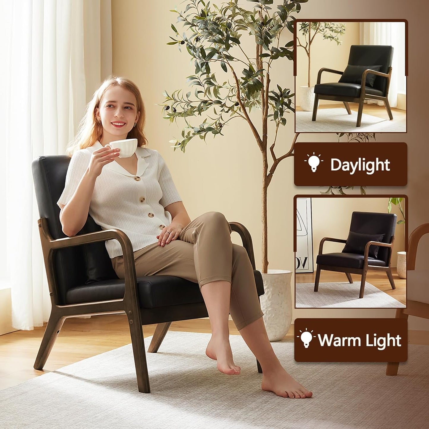 Accent Chair Mid Century Modern Armchair with Lumbar Support Pillow Wood Legs PU Leather Upholstered Lounge Chairs Comfy High Back Cushion for Living Room Bedroom