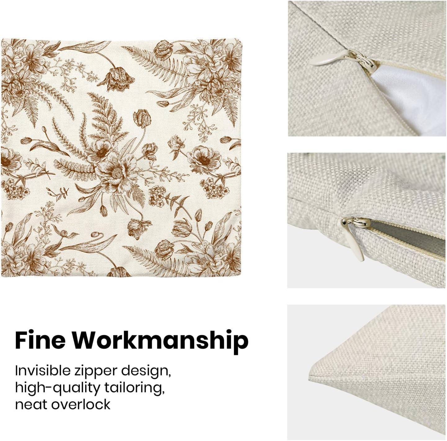 CXMEIFLY Spring Floral Leaves Pillow Covers 18 x 18 Inch Set of 2 for Chinoiserie Flowers Decor Throw Pillows Brown and White Seasonal Plant Outdoor Decorative Cushion Cases for Couch Bed Decorations